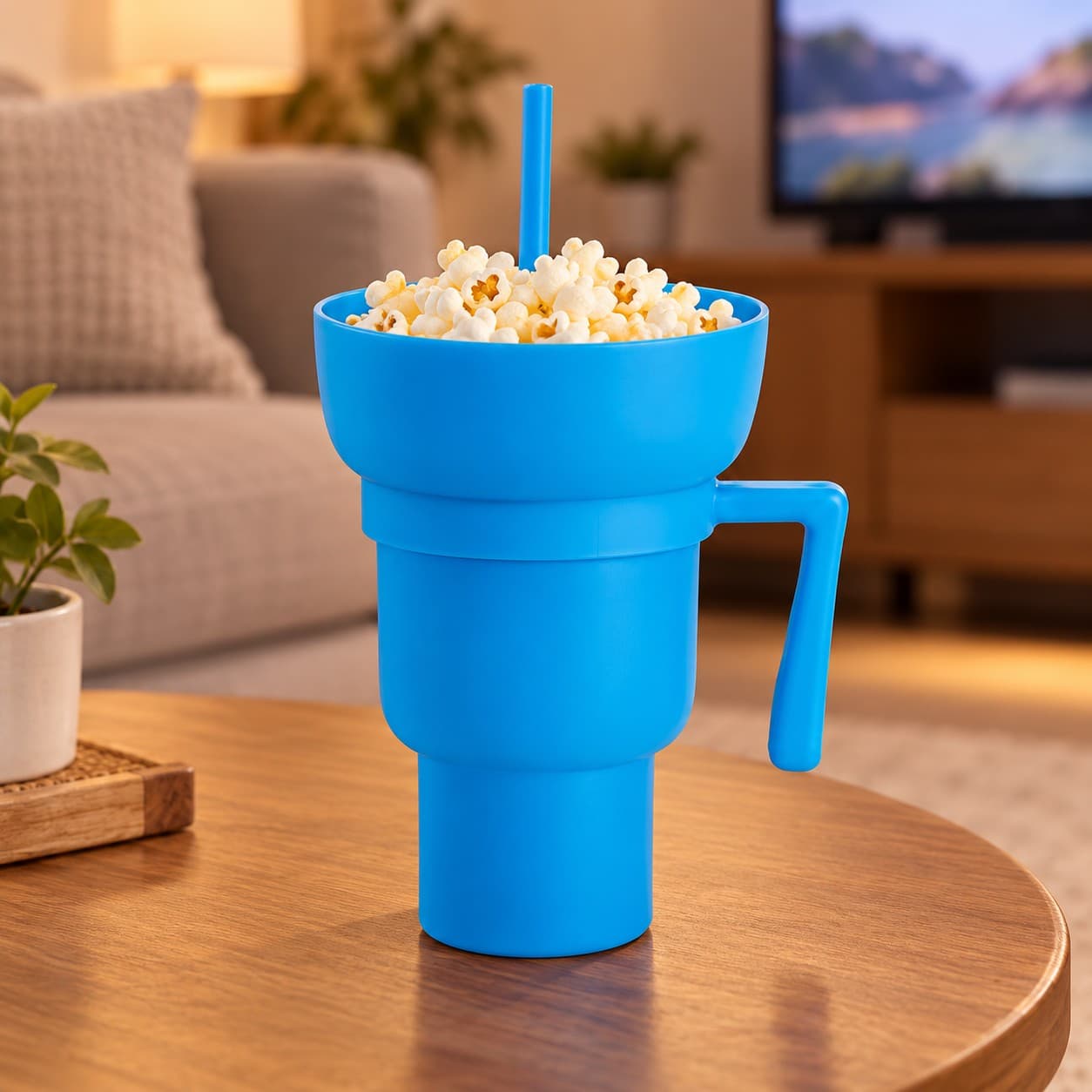 Vaso azul con pochoclos junto al sofá; alimentos y ambientación no incluidos — miniatura 4