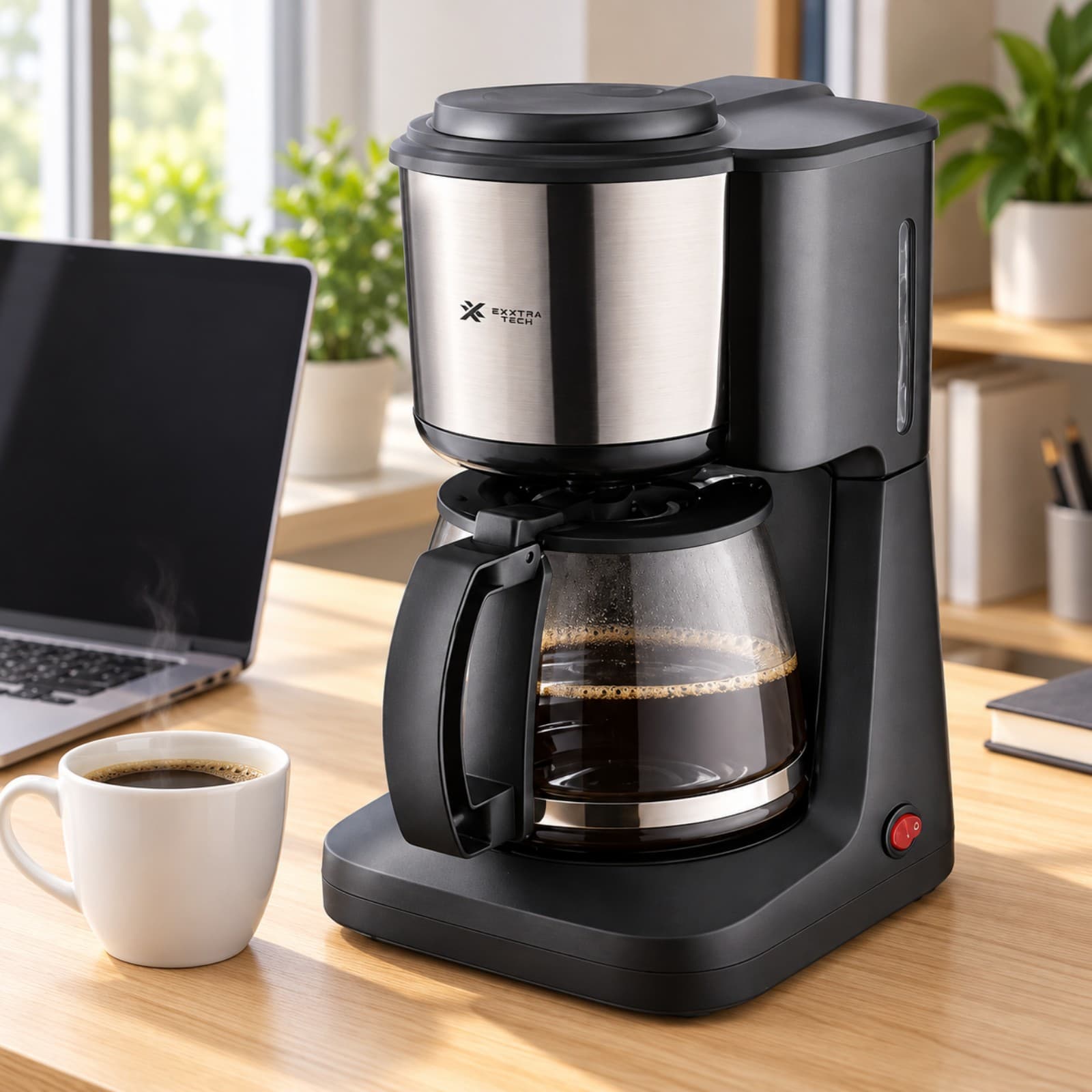 Cafetera de filtro Exxtra Tech CA-800 sobre un escritorio de home office, junto a una notebook y una taza de café (imagen ilustrativa) — miniatura 5