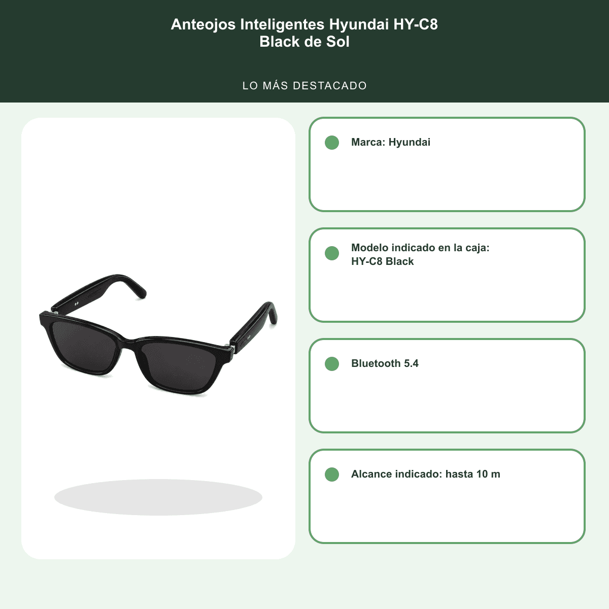HANDOFF-48|VAR-0087|06|691bc786ff3e|Anteojos Inteligentes Hyundai HY-C8 Black de Sol - Negro - Informacion destacada