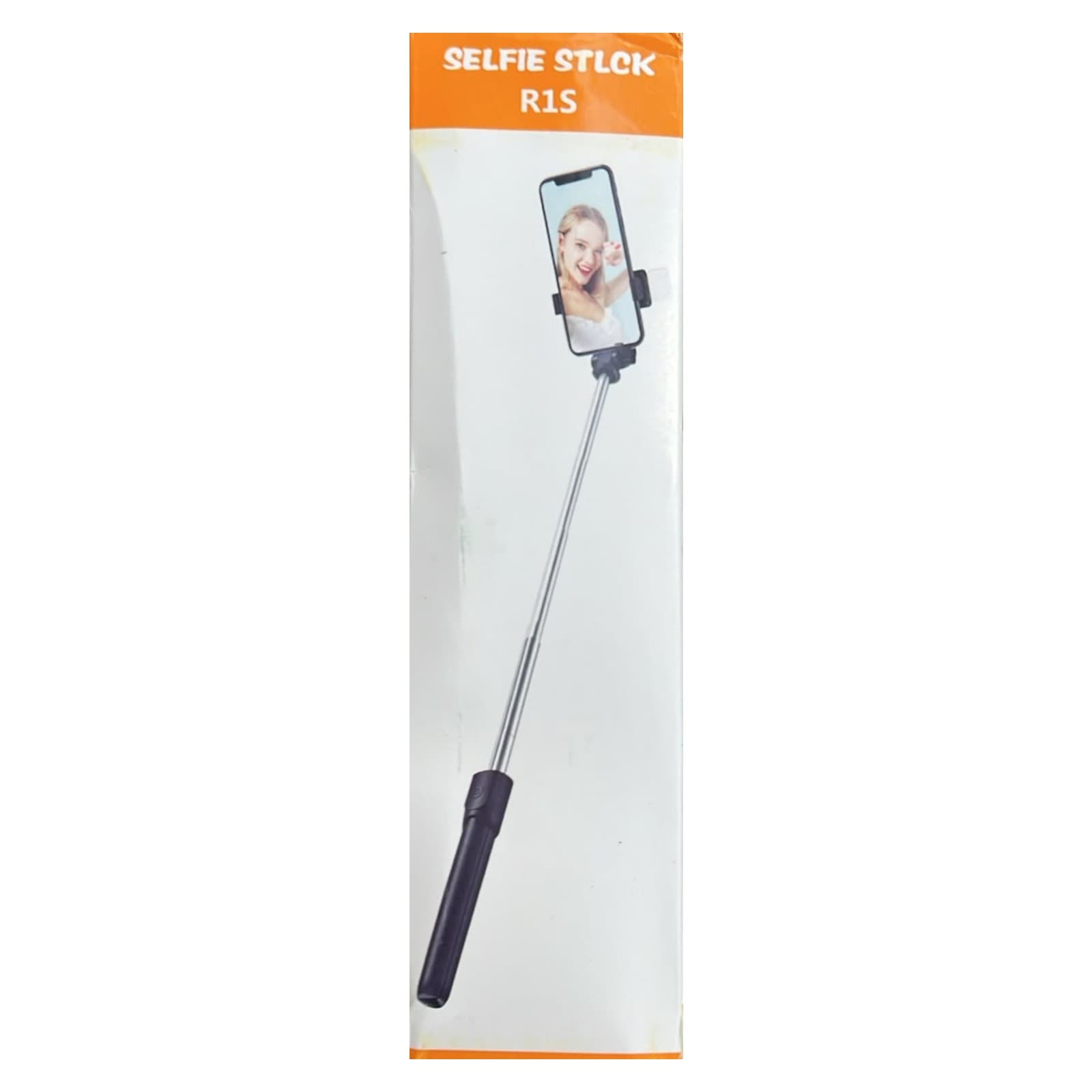 Frente de la caja del selfie stick R1S negro, con la ilustración del bastón extendido sosteniendo un celular, SOPTRIPCELN — miniatura 1
