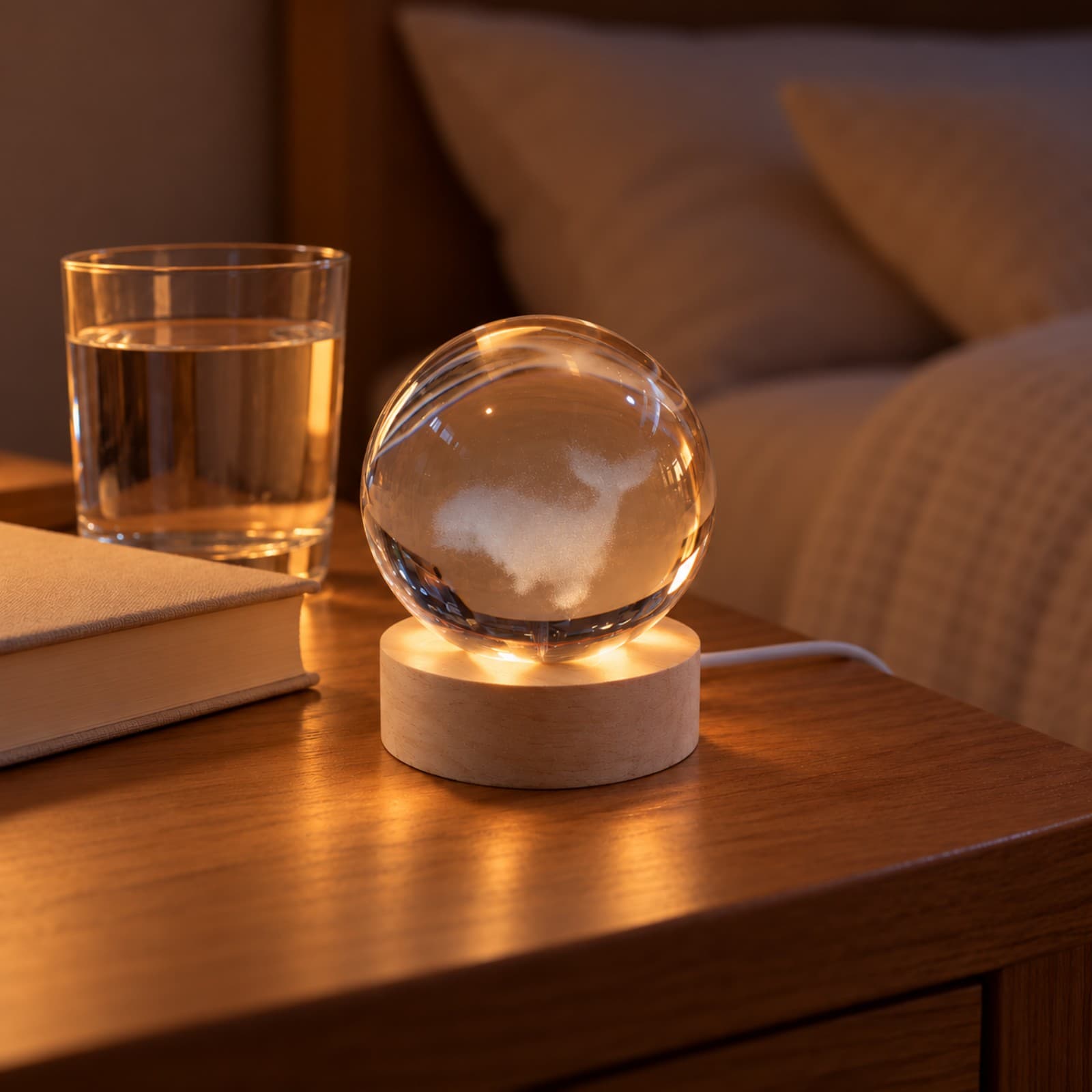 Esfera de luz con ballena grabada encendida con luz cálida sobre una mesa de luz de dormitorio (imagen ilustrativa) — miniatura 4
