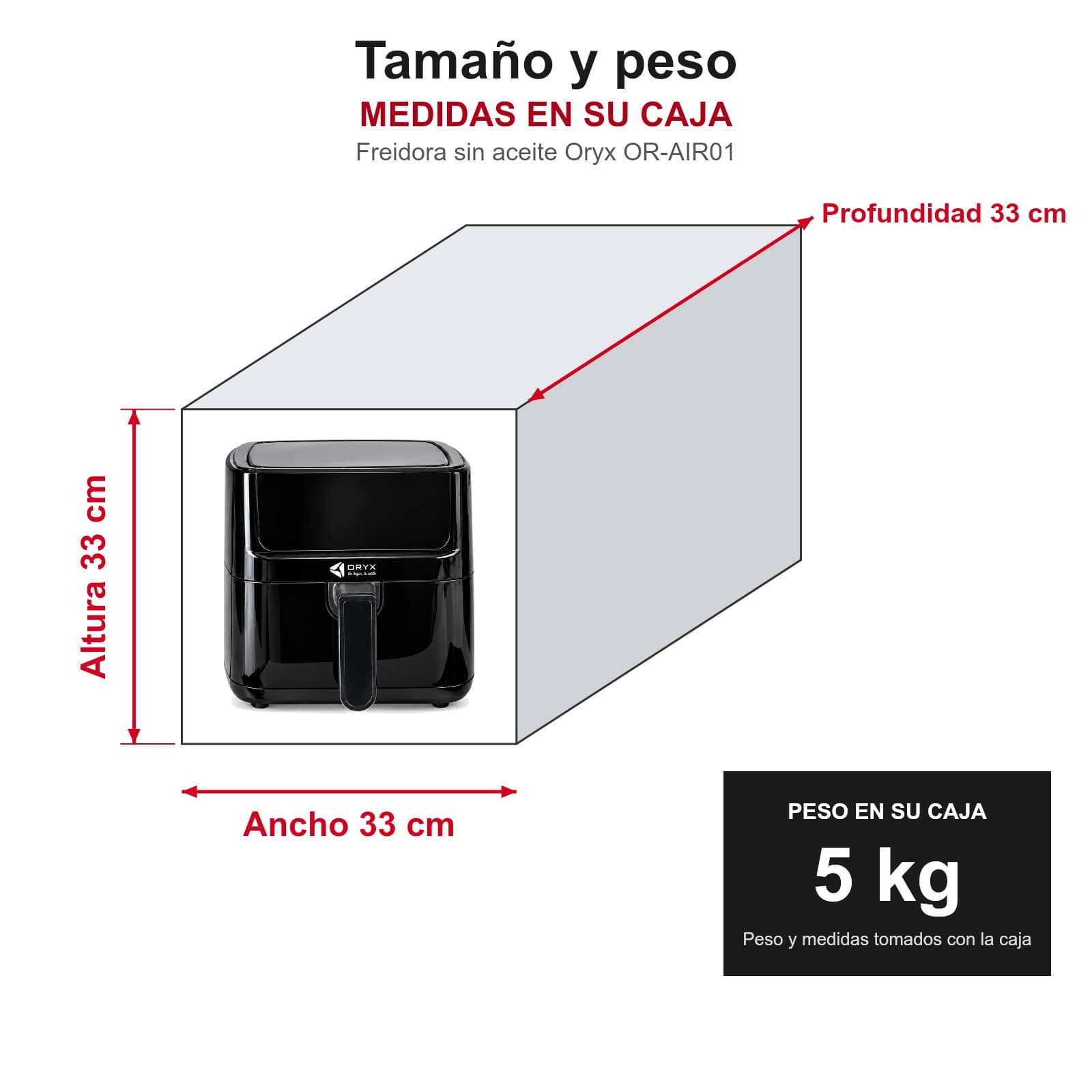 Medidas y peso de la freidora sin aceite Oryx OR-AIR01 en su caja: 33 × 33 × 33 cm, 5 kg — miniatura 4