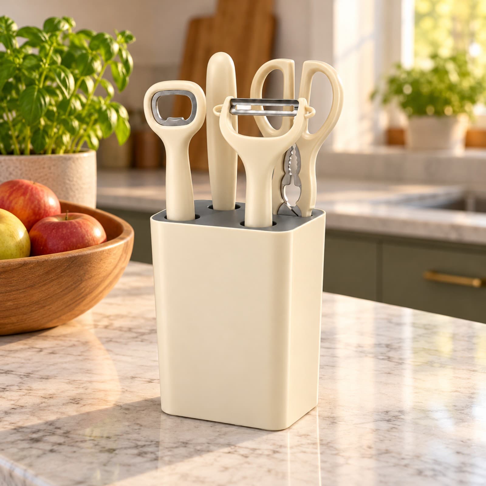 Set de 5 piezas de cocina beige, con su base de guardado y los cuatro utensilios, sobre una mesada de mármol junto a un frutero y una planta aromática (imagen ilustrativa) — miniatura 4