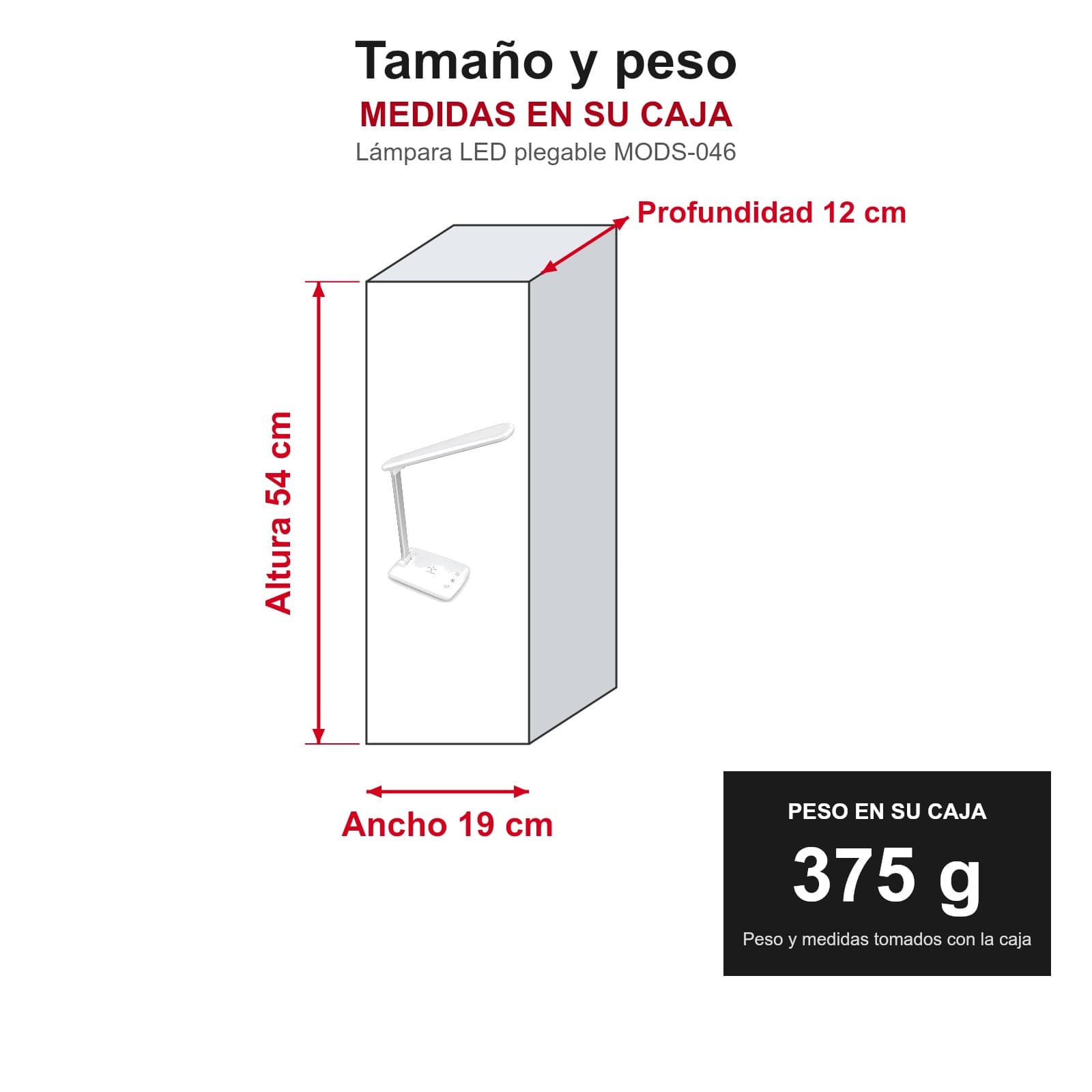 Medidas y peso de la lámpara LED plegable MODS-046 en su caja: 19 × 12 × 54 cm, 375 g, LAMPLEDPLEGABL — miniatura 3