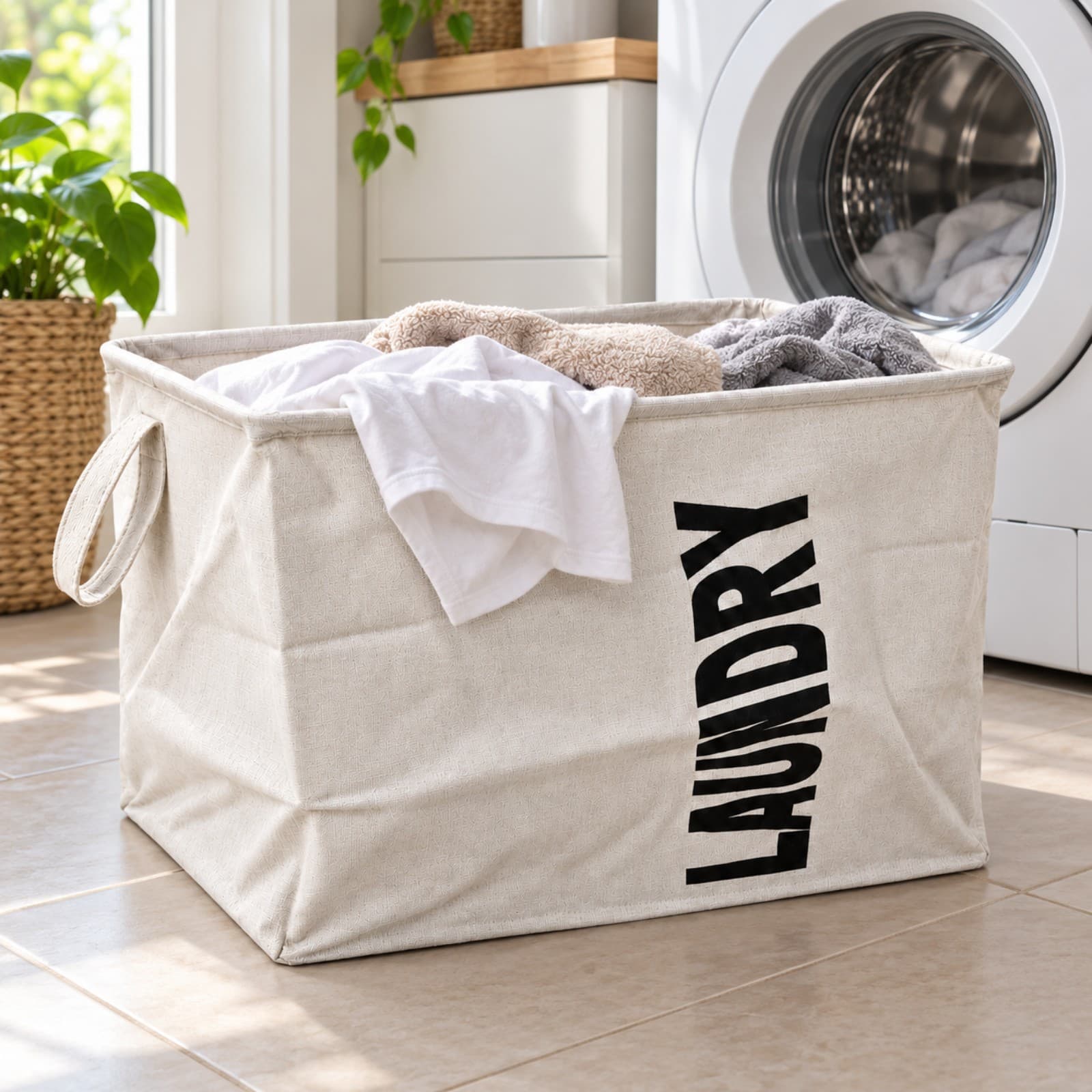 Cesto de ropa plegable LAUNDRY beige con ropa sucia en un lavadero, junto al lavarropas (imagen ilustrativa), CESTLAUNDECONB — miniatura 2