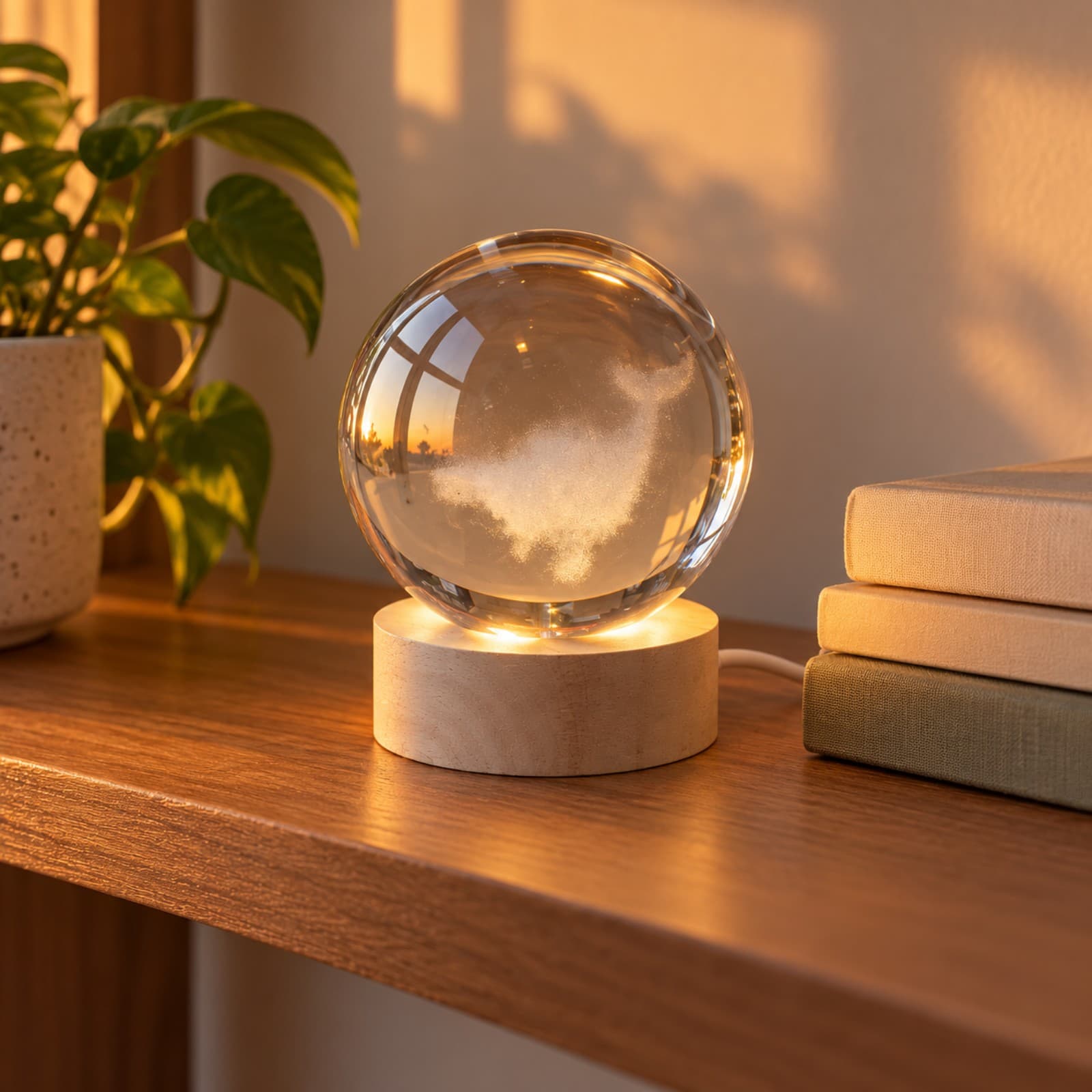 Esfera de luz con ballena grabada sobre una repisa de madera junto a libros y una planta (imagen ilustrativa) — miniatura 6