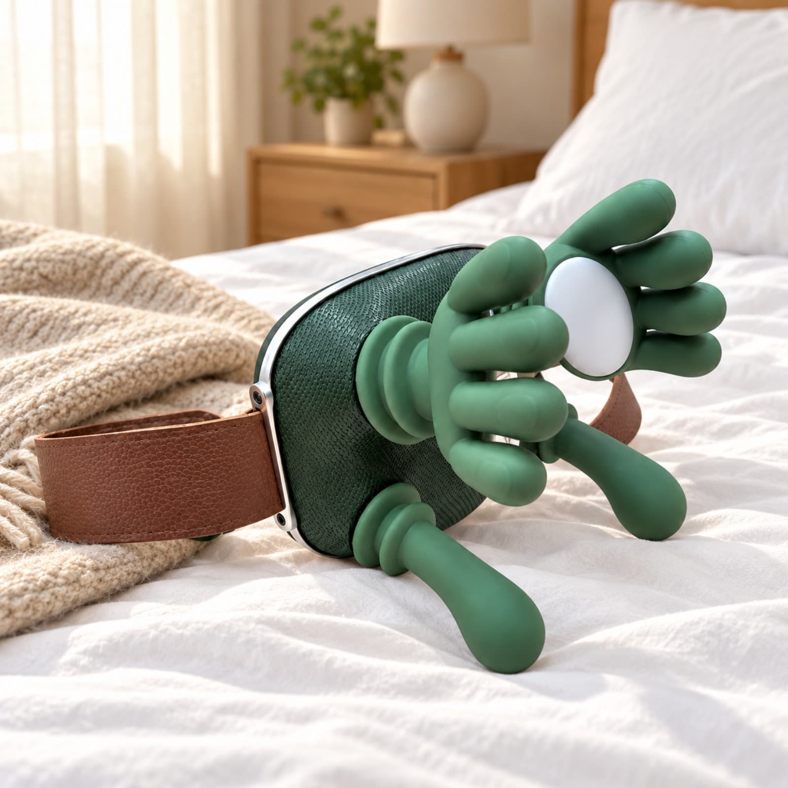 Masajeador cervical OSR EL-90 con manitos verde apoyado sobre una cama junto a una manta (imagen ilustrativa), MASAJMANITVERDE — miniatura 6