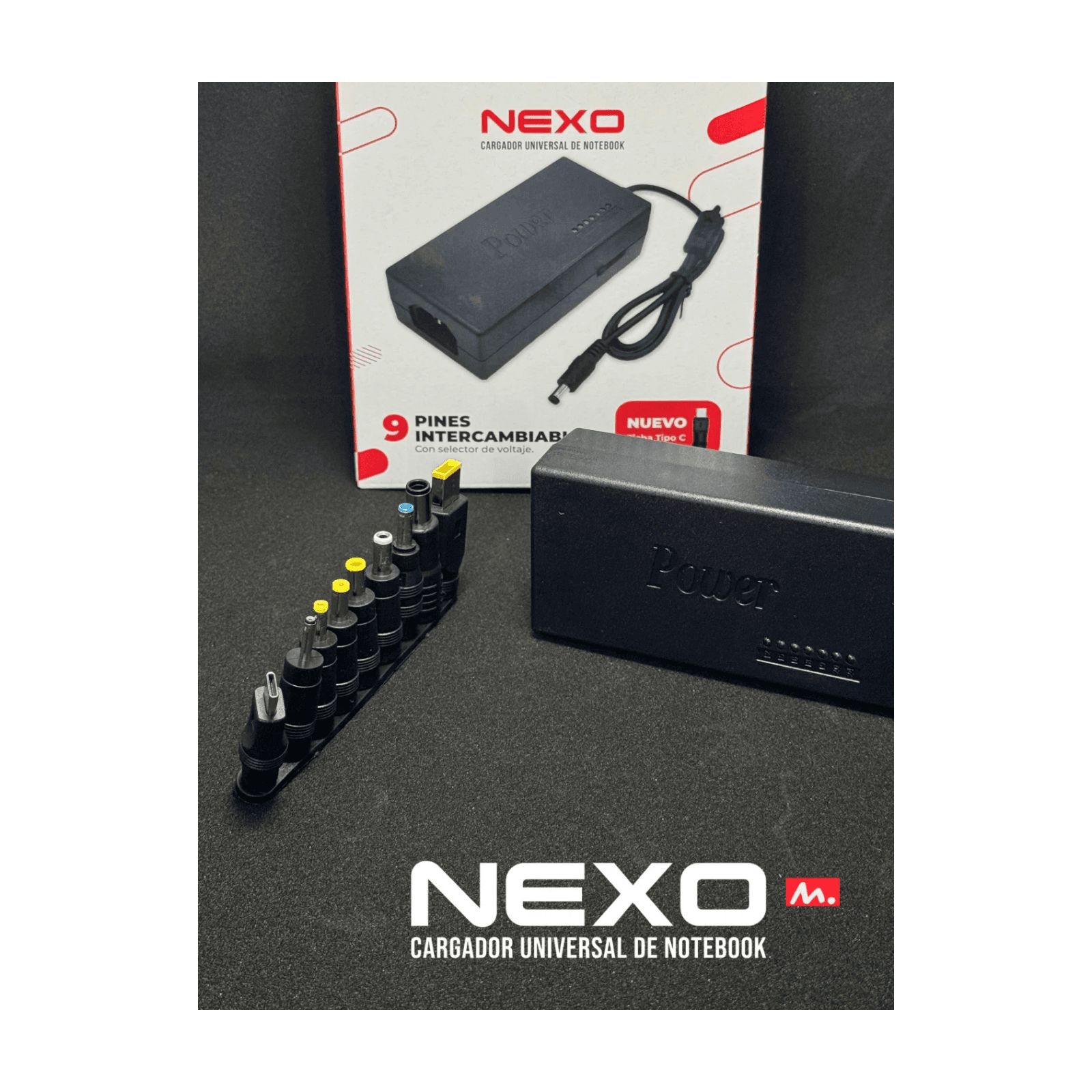 Imagen oficial de catálogo Mixor NEXO, con envase, adaptador y nueve pines — miniatura 3
