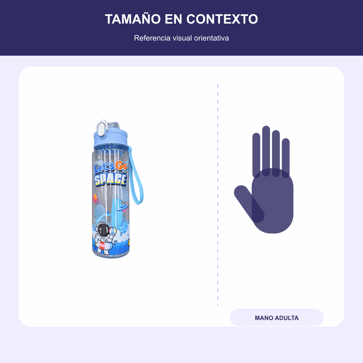 HANDOFF-48|BOTNIÑPLAST|04|d1e028f81a18|Botella Infantil 750 ml con Sorbete y Correa - Diseño Espacial - Celeste - Referencia visual de escala