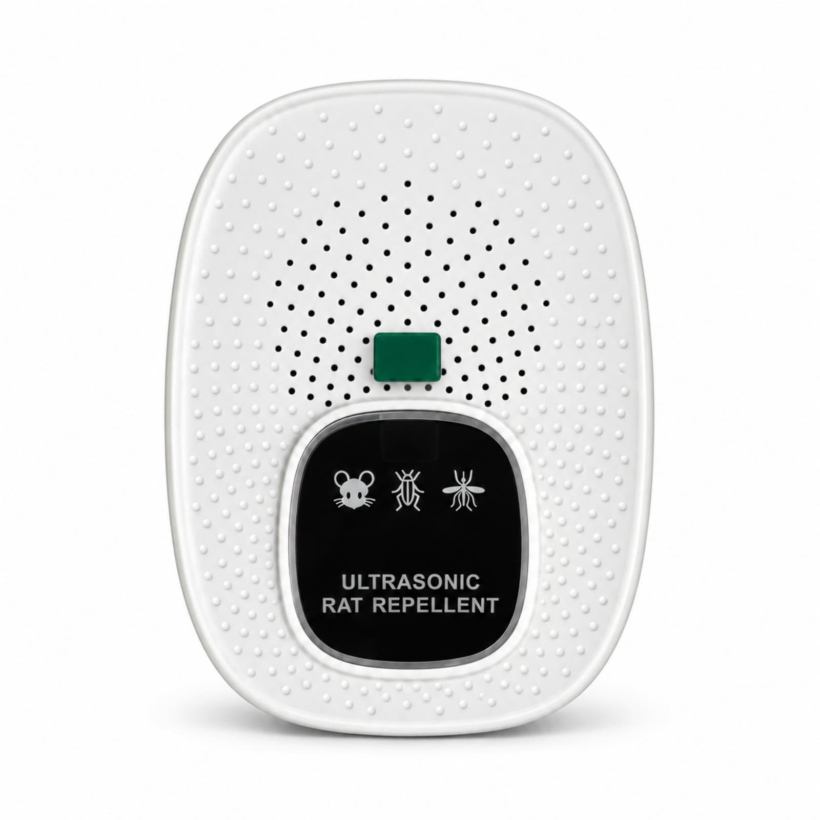 Repelente electrónico ultrasónico W27 USB-C blanco, visto de frente: cuerpo plano de bordes redondeados con puntitos en relieve, rejilla del parlante, lengüeta verde y panel negro con tres íconos, sobre fondo blanco (imagen ilustrativa), REPPLAGAB — miniatura 1
