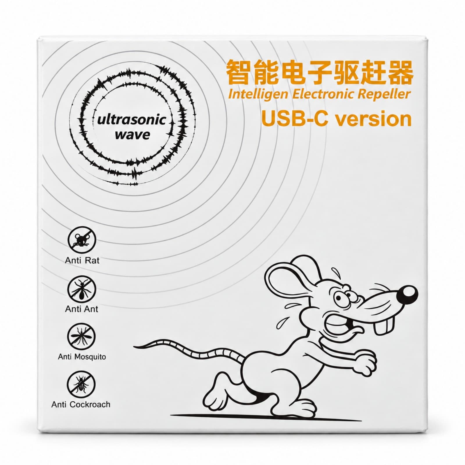 Repelente electrónico ultrasónico W27 USB-C en su packaging: caja blanca con ondas «ultrasonic wave», dibujo de un ratón de caricatura y la leyenda «USB-C version», de frente sobre fondo blanco (imagen ilustrativa), REPPLAGAB — miniatura 2