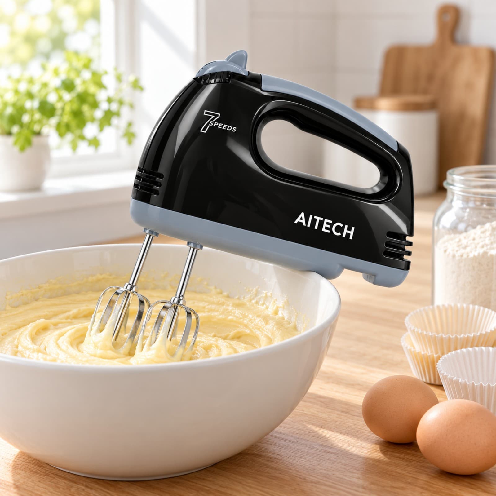 Batidora de mano Aitech PE-821 batiendo masa de cupcakes en un bowl (imagen ilustrativa) — miniatura 5
