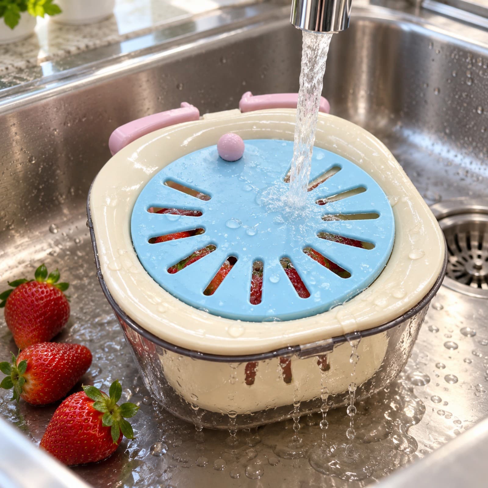 Colador escurridor celeste con tapa bajo la canilla de la pileta, lavando frutillas con el agua escurriendo por las ranuras (imagen ilustrativa), COLESCC — miniatura 3