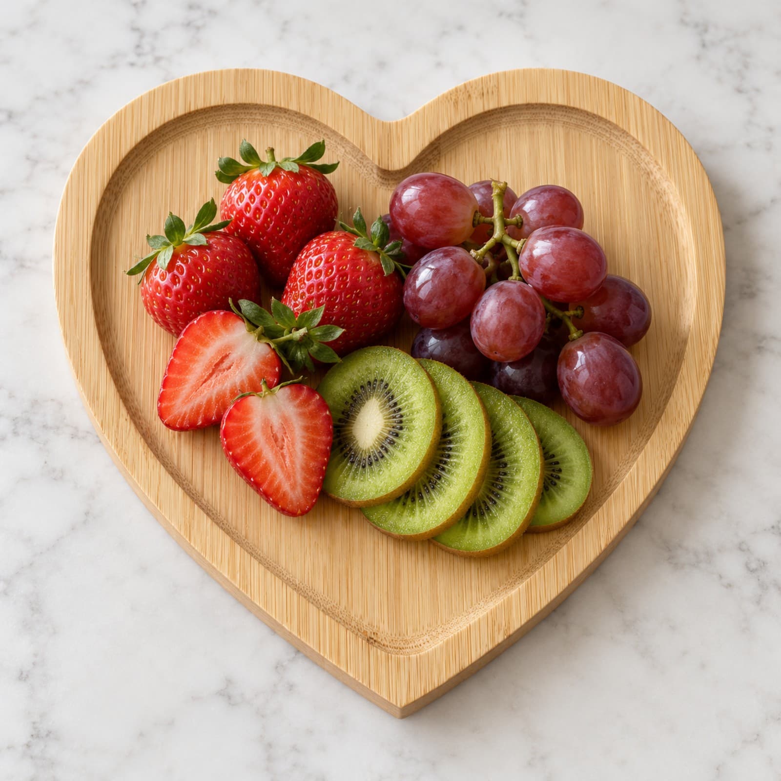 Tabla de bambú en forma de corazón con frutillas, uvas y rodajas de kiwi sobre una mesada clara (imagen ilustrativa) — miniatura 4