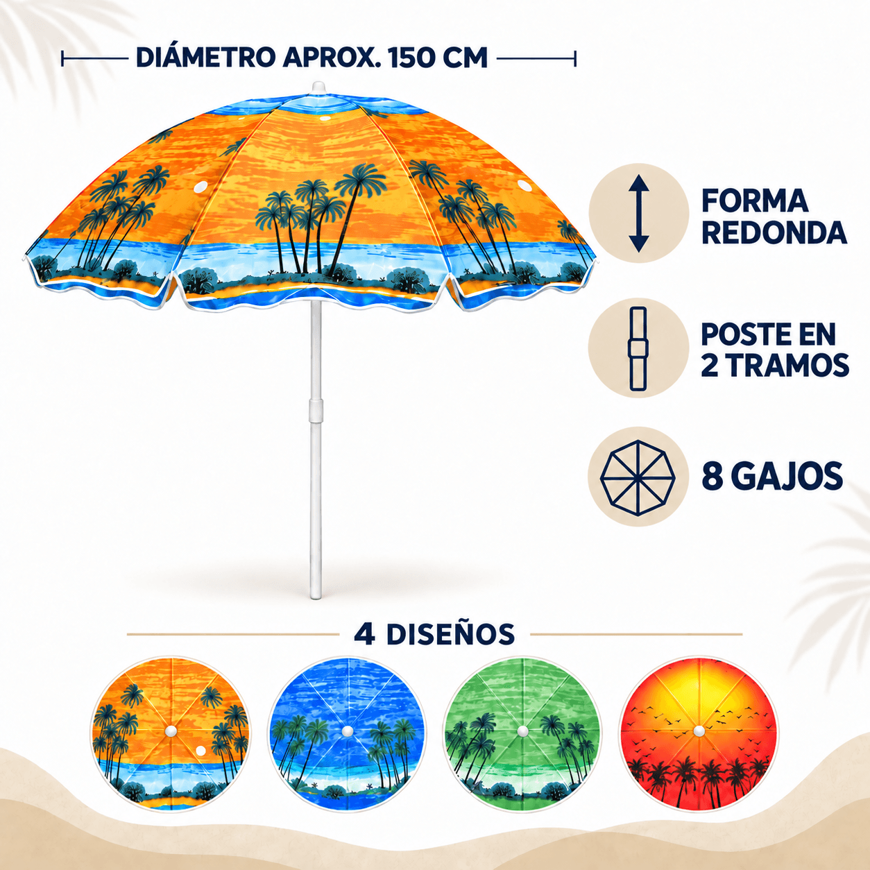 SOMBRILLA-KM7450-2026-09-25|06|7579e808b198|Sombrilla Playera Tropical Estampada 150 cm con Poste Desmontable