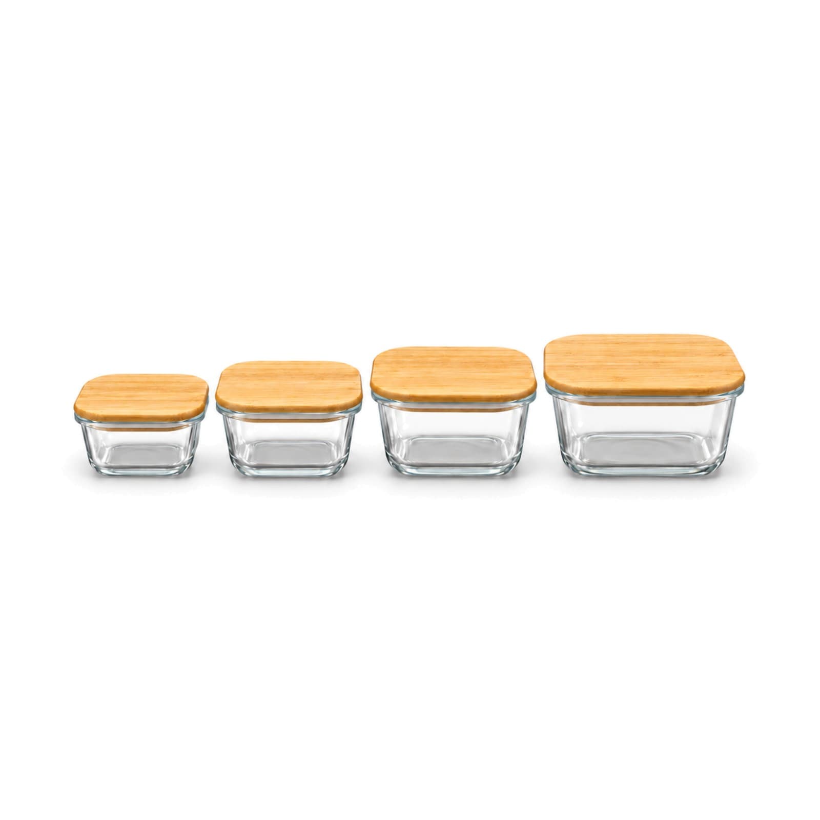 Las 4 piezas del set de recipientes de vidrio con tapa de bambú, ordenadas de menor a mayor (imagen ilustrativa) — miniatura 2