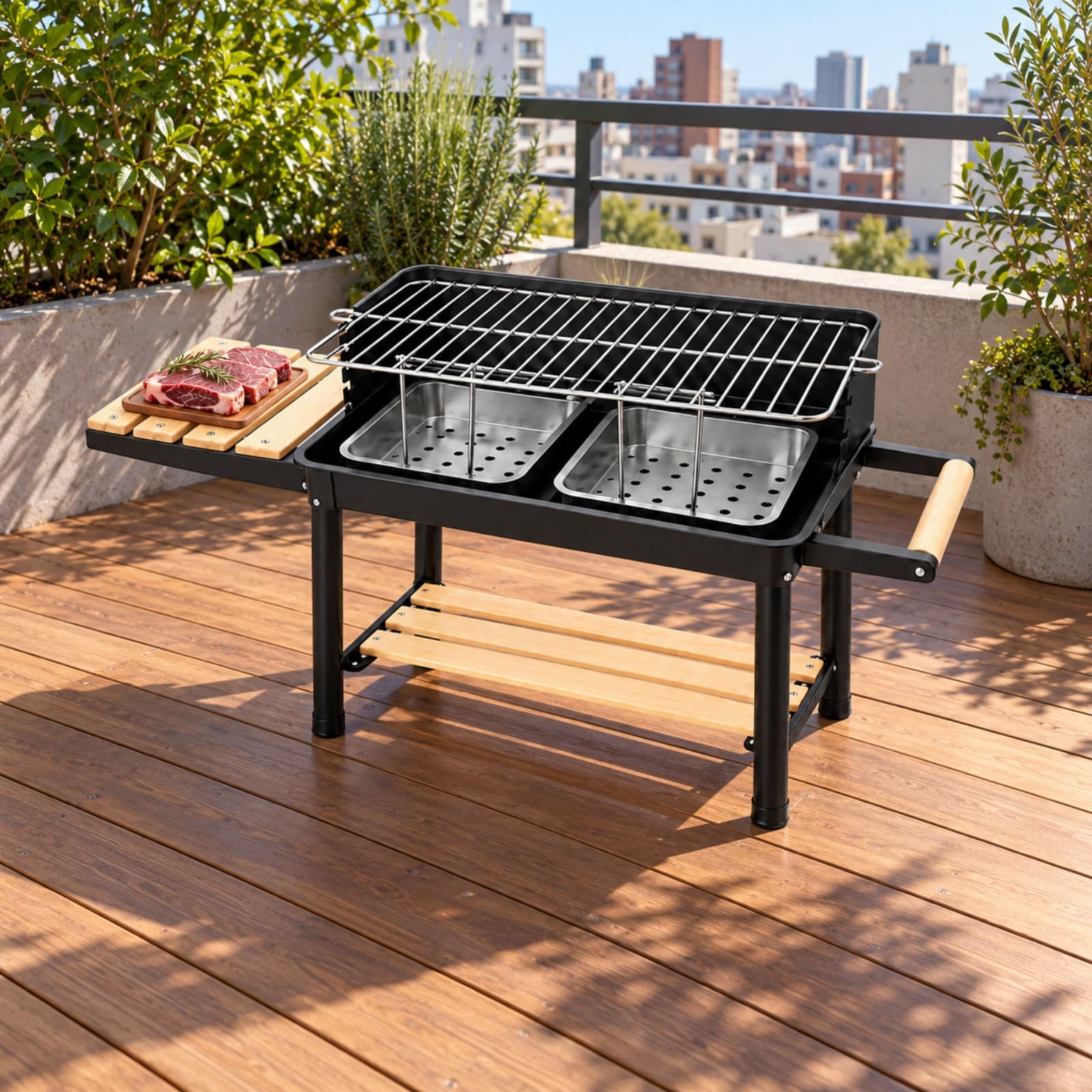 Parrilla a carbón en una terraza urbana soleada con piso de madera y macetas, con carne cruda sobre una tabla de madera en la mesa lateral (imagen ilustrativa), PARRPORT — miniatura 5