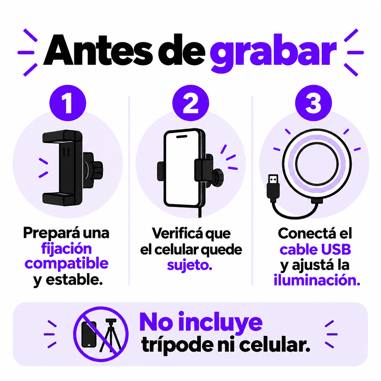 Preparación del aro para grabar: fijación estable, sujeción del celular y conexión USB — miniatura 6