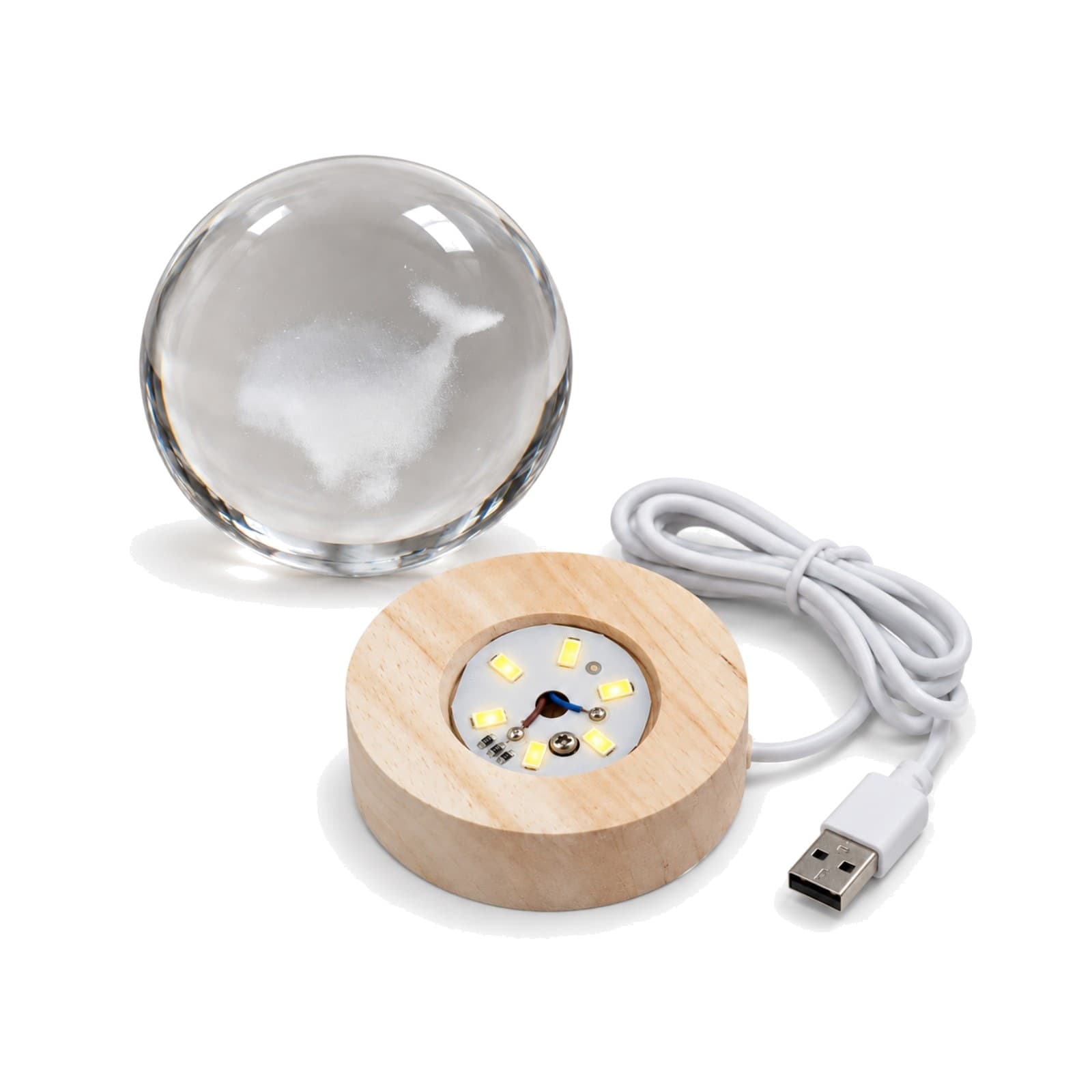 Contenido de la esfera de luz con ballena: esfera de cristal, base de madera con LED y cable USB (imagen ilustrativa) — miniatura 2
