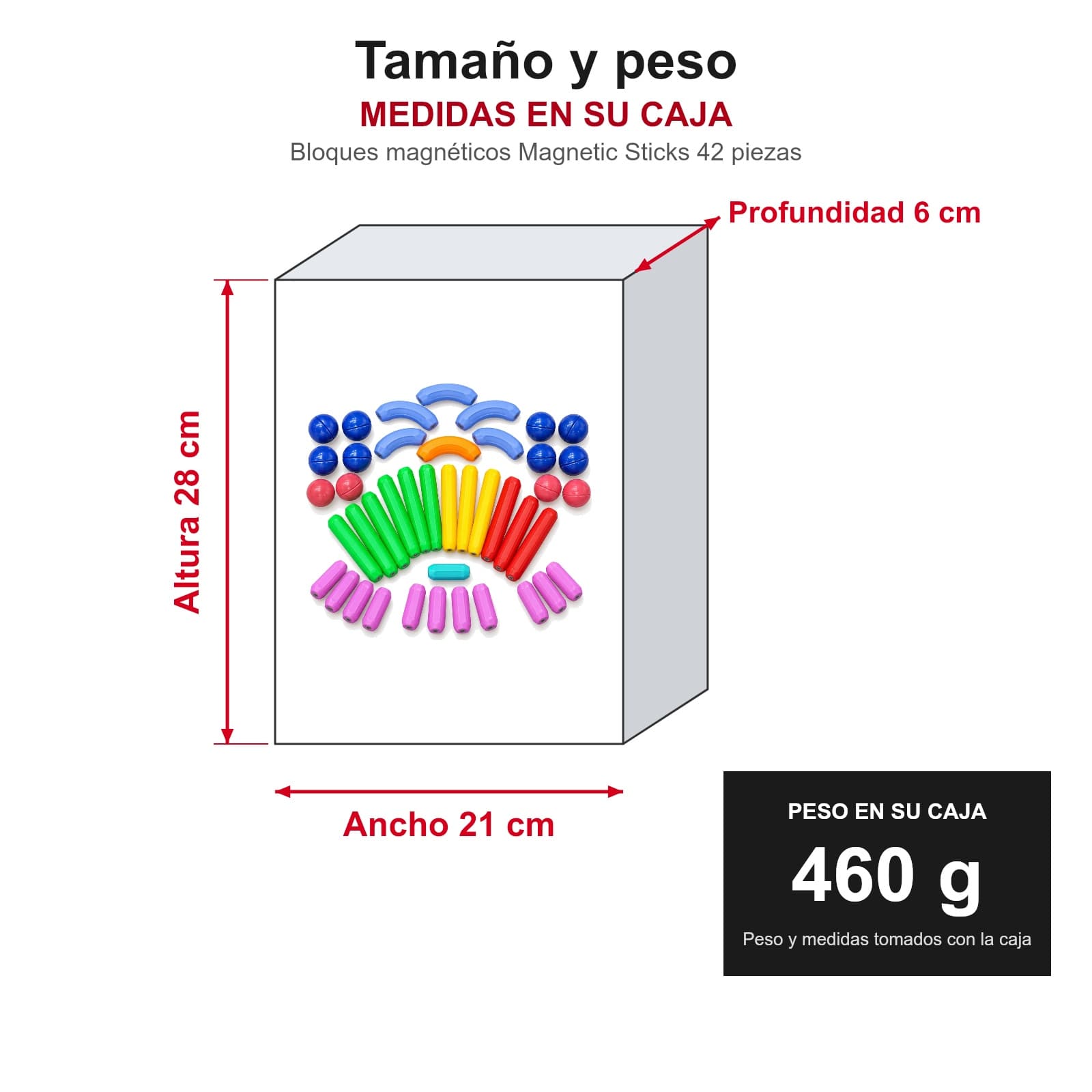 Medidas y peso del juego de bloques magnéticos Magnetic Sticks de 42 piezas en su caja: ancho 21 × profundidad 6 × altura 28 cm, 460 g, JUEBLOMAGN — miniatura 4