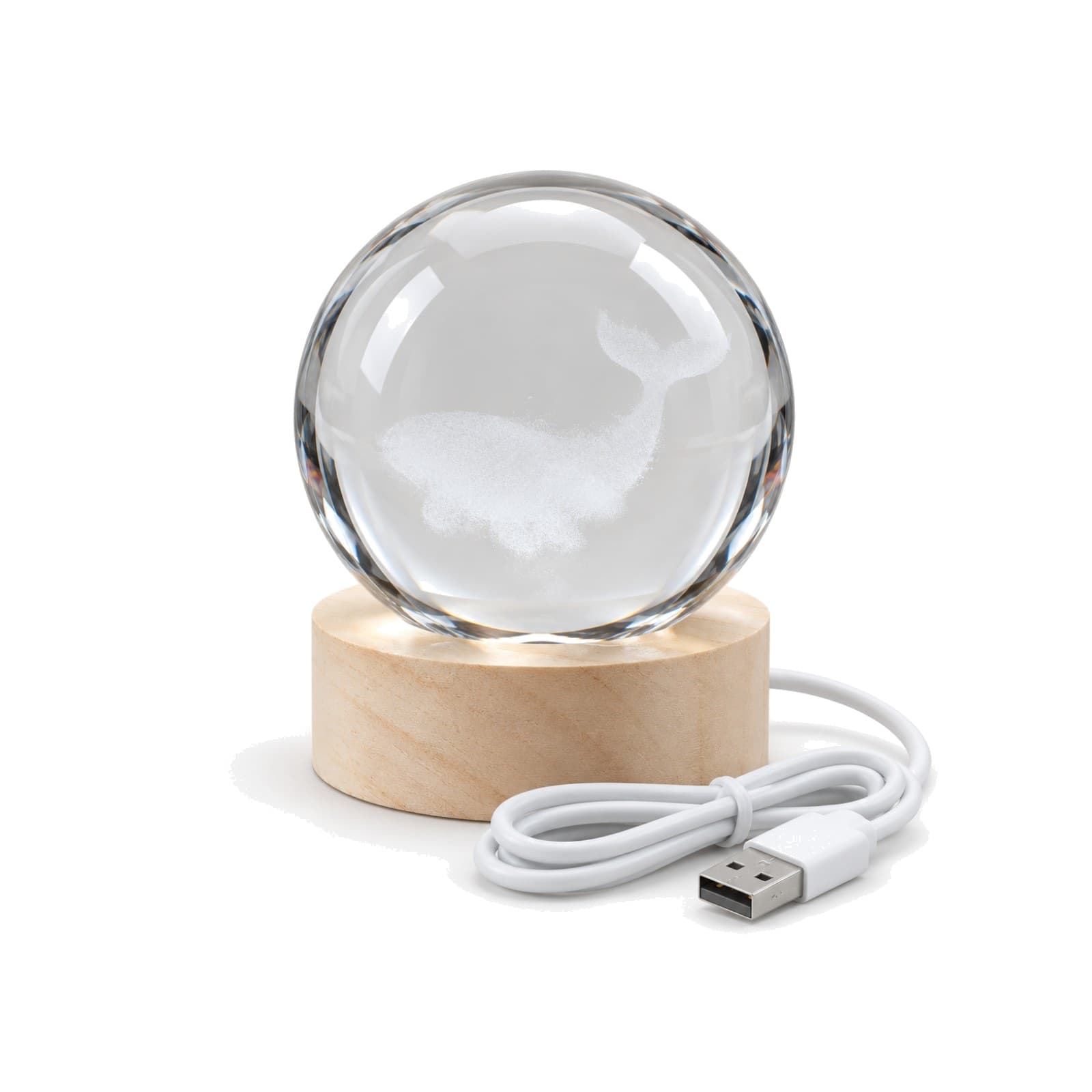 Esfera de luz bola de cristal con una ballena grabada en 3D, sobre su base de madera y con su cable USB (imagen ilustrativa) — miniatura 1