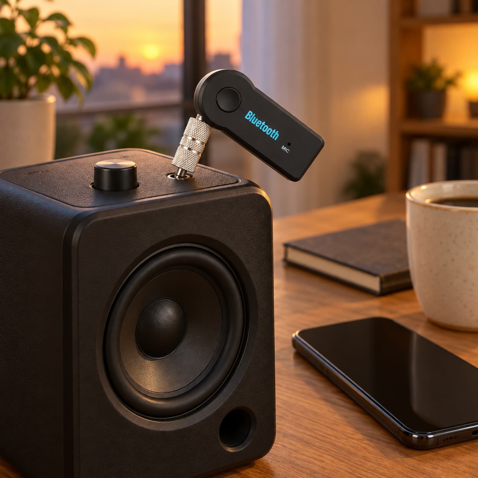 Receptor Bluetooth 3,5 mm AUX enchufado a la entrada auxiliar de un parlante de escritorio (imagen ilustrativa), RECEPBTAUX — miniatura 6