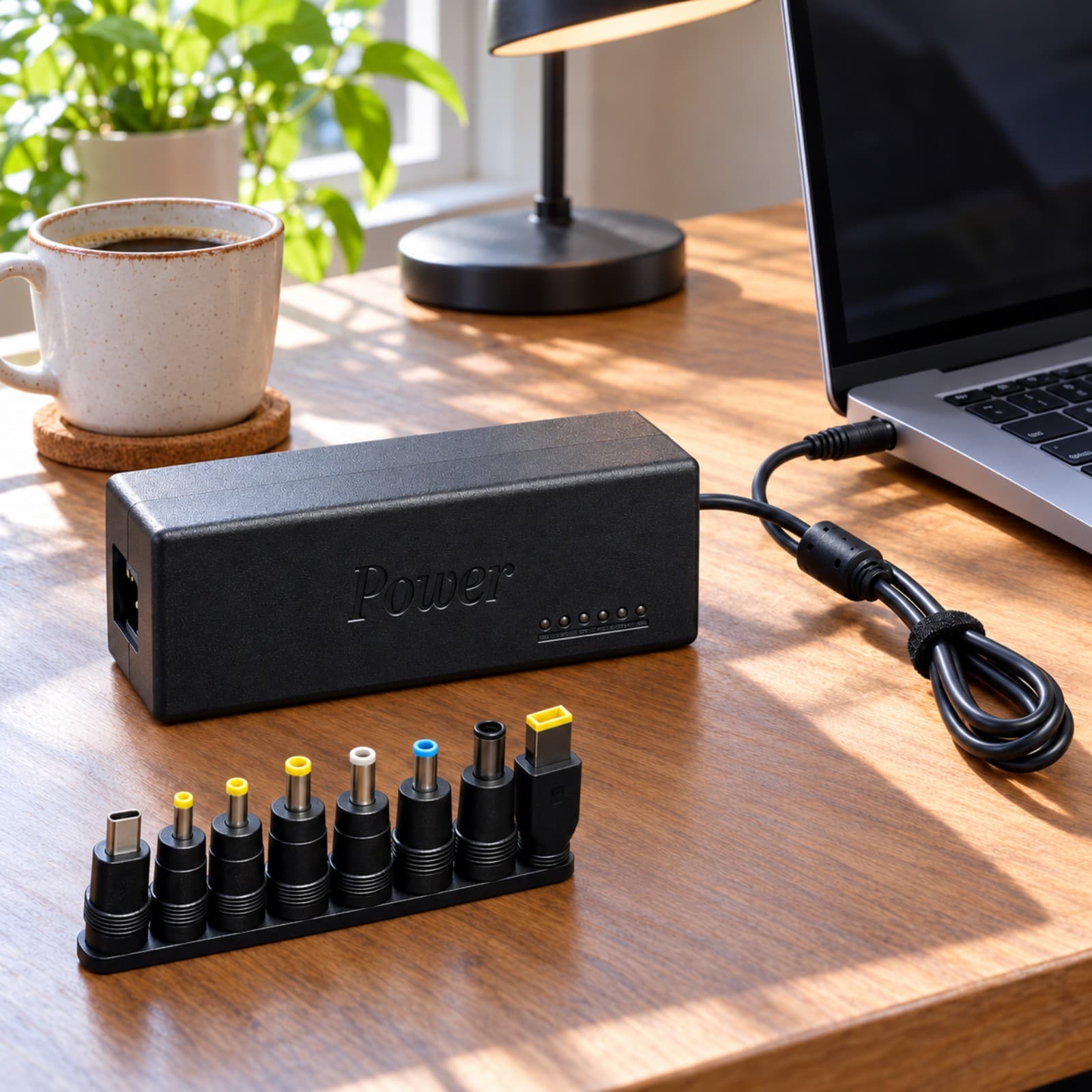 Cargador universal de notebook Mixor NEXO sobre un escritorio de home office junto a una notebook (imagen ilustrativa) — miniatura 4
