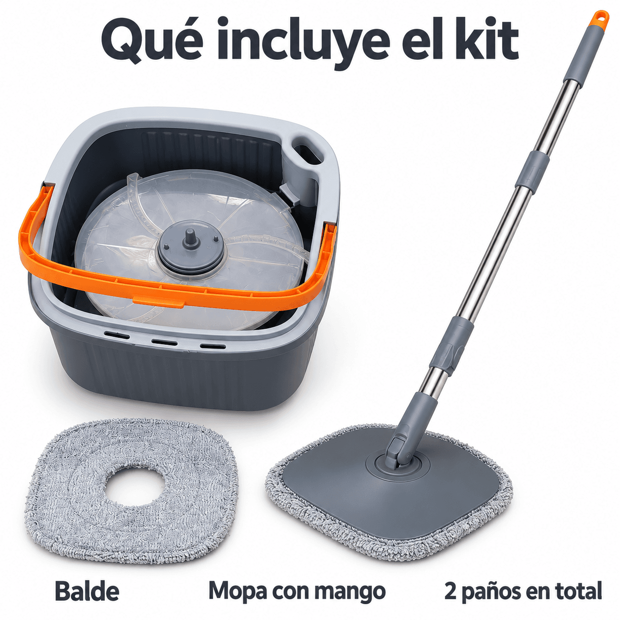Contenido del kit: balde, mopa con mango y dos paños en total
