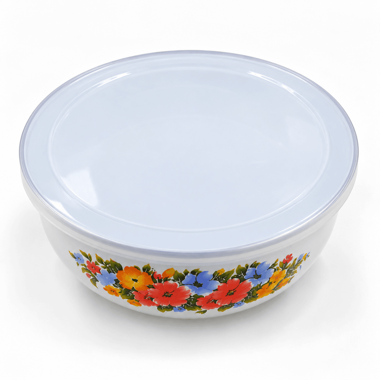 |BOWLX5HIERR| Detalle del bowl OSR con flores multicolor y su tapa translúcida colocada.