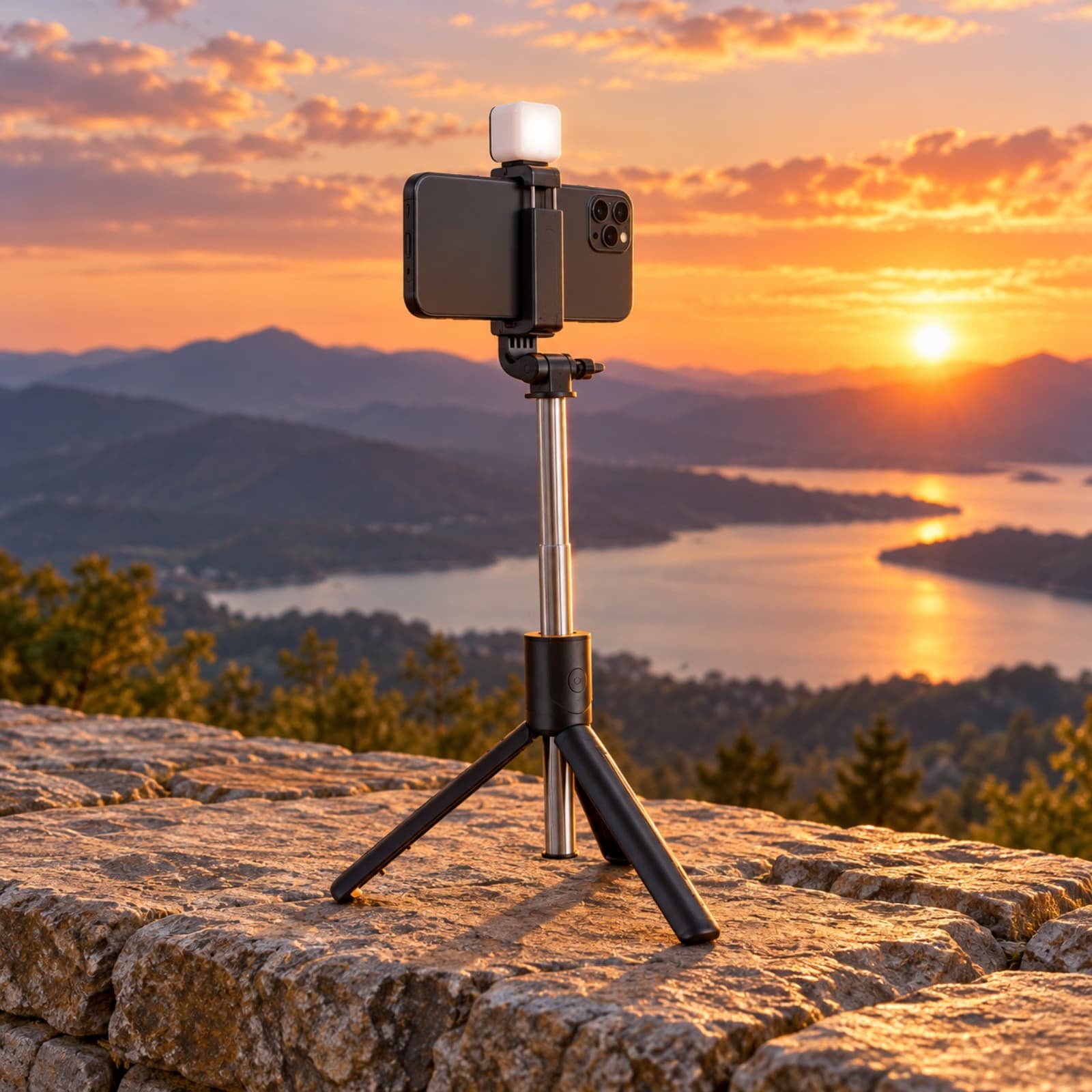 Trípode R1S negro con el celular en horizontal apoyado sobre un muro de piedra frente a un paisaje de sierras y un lago al atardecer (imagen ilustrativa), SOPTRIPCELN — miniatura 7