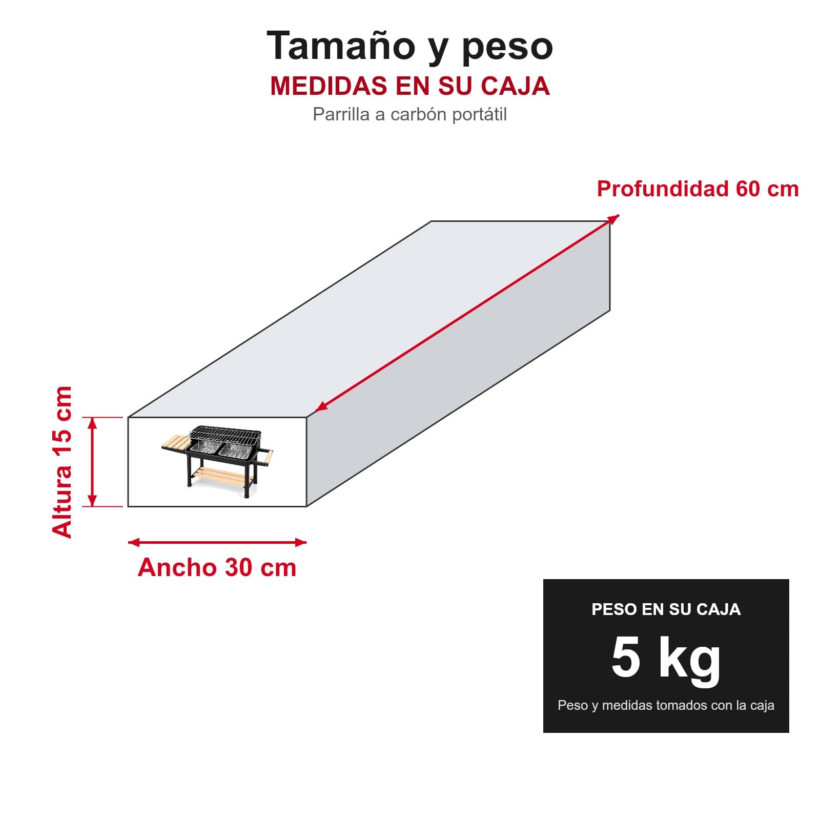 Medidas y peso de la parrilla a carbón en su caja: 60 × 30 × 15 cm, 5 kg (ancho 30 cm, profundidad 60 cm, altura 15 cm), PARRPORT — miniatura 2