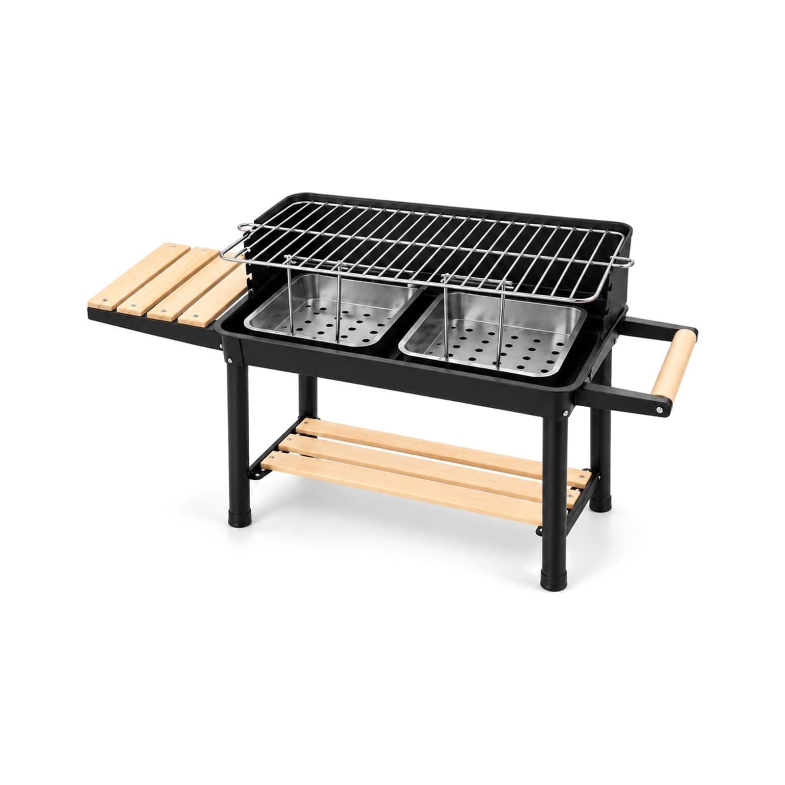 Parrilla a carbón de metal negro con rejilla cromada, dos bandejas perforadas, mesa lateral y estante inferior de madera, sobre fondo blanco (imagen ilustrativa), PARRPORT — miniatura 1