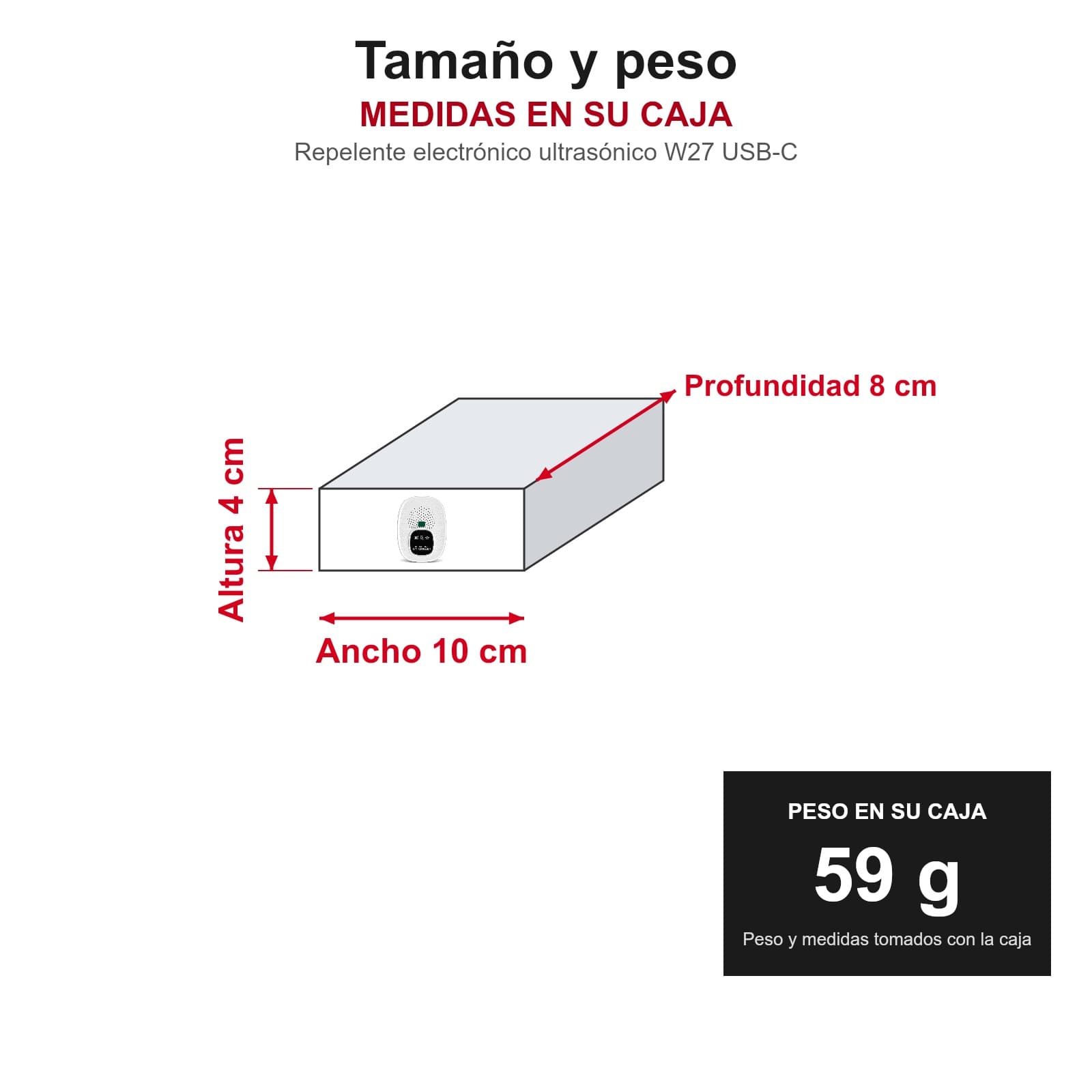 Medidas y peso del repelente electrónico ultrasónico W27 USB-C en su caja: 10 × 8 × 4 cm, 59 g (ancho 10 cm, profundidad 8 cm, altura 4 cm), REPPLAGAB — miniatura 3