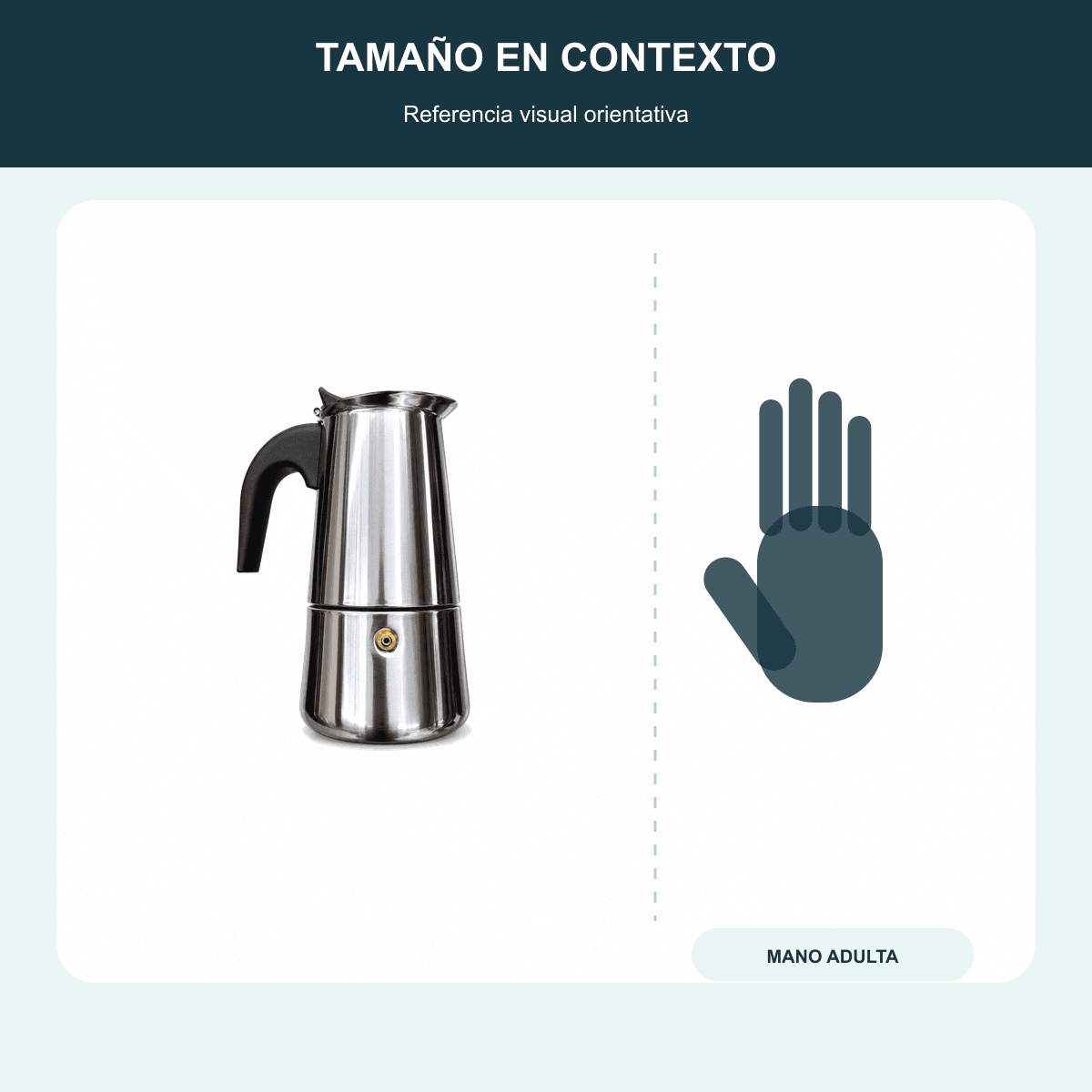 HANDOFF-48|CAFITALIANA|04|3382fae660aa|Cafetera Italiana de Acero Inoxidable para 4 Tazas - Única - Referencia visual de escala