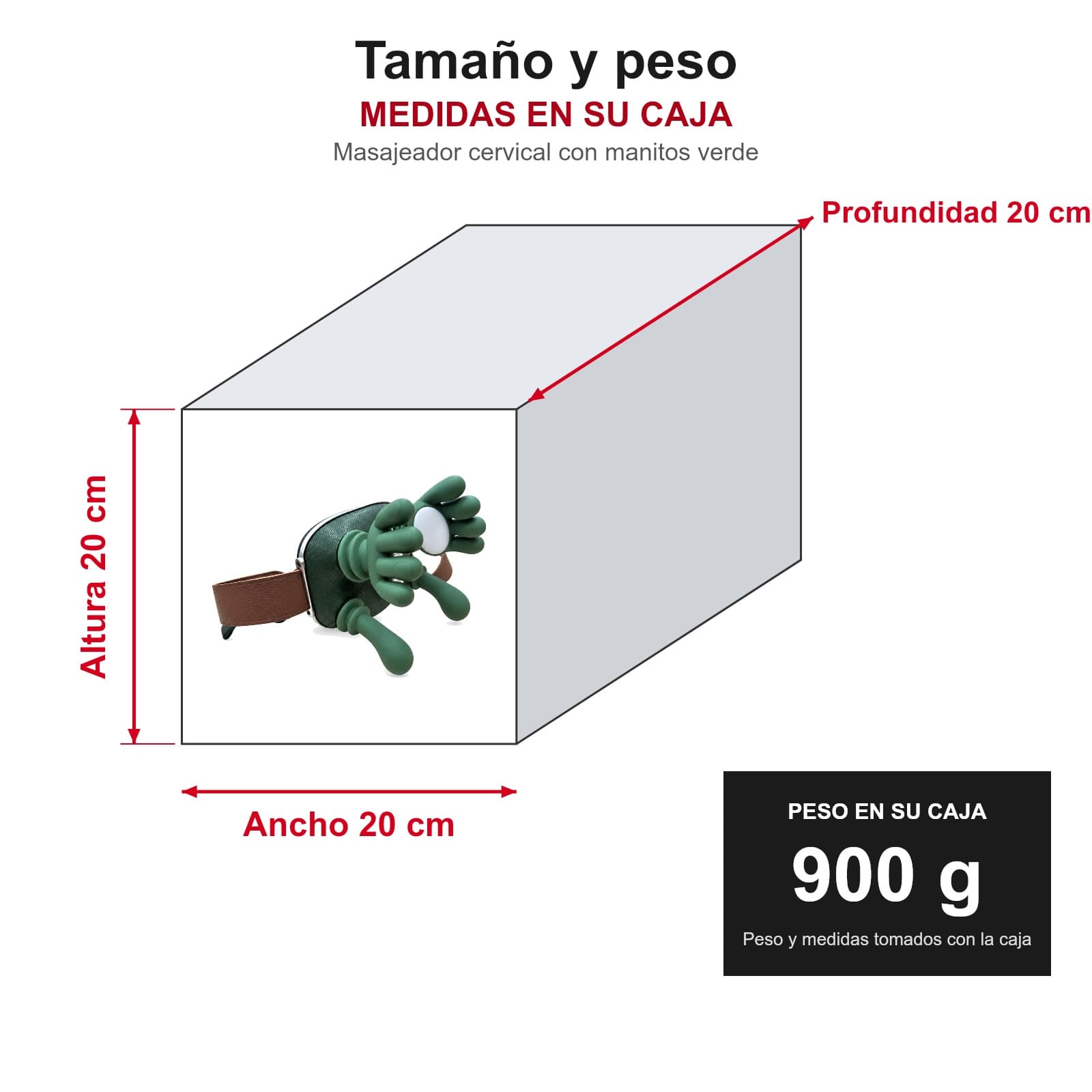 Medidas y peso del masajeador cervical OSR EL-90 con manitos verde en su caja: 20 × 20 × 20 cm, 900 g, MASAJMANITVERDE — miniatura 3