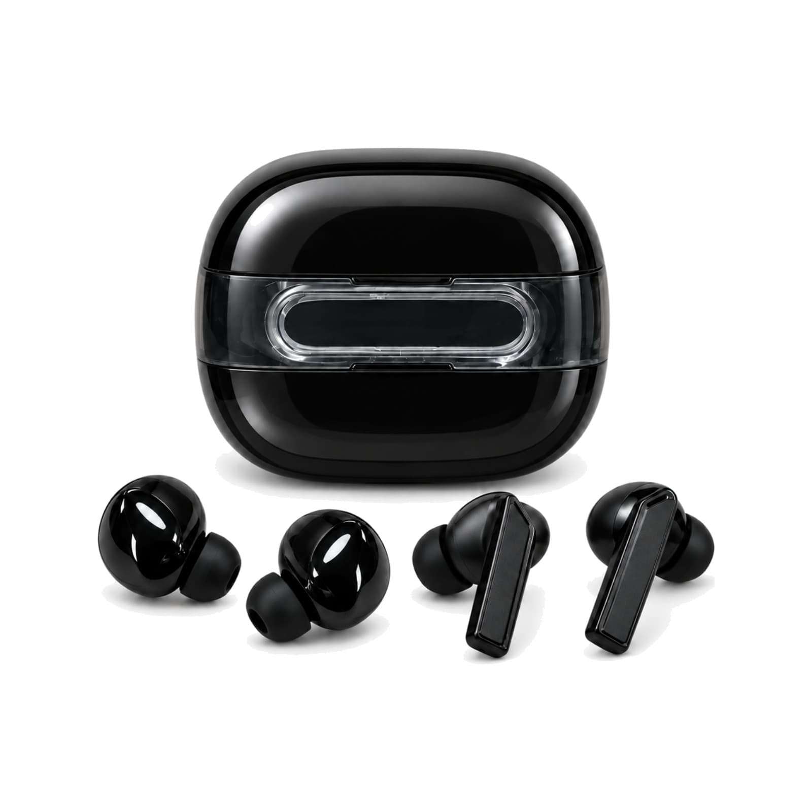 Auriculares Bluetooth M56 negros: estuche de carga cerrado con ventana transparente y los cuatro auriculares (dos redondos y dos con vástago), sobre fondo blanco (imagen ilustrativa) — miniatura 1