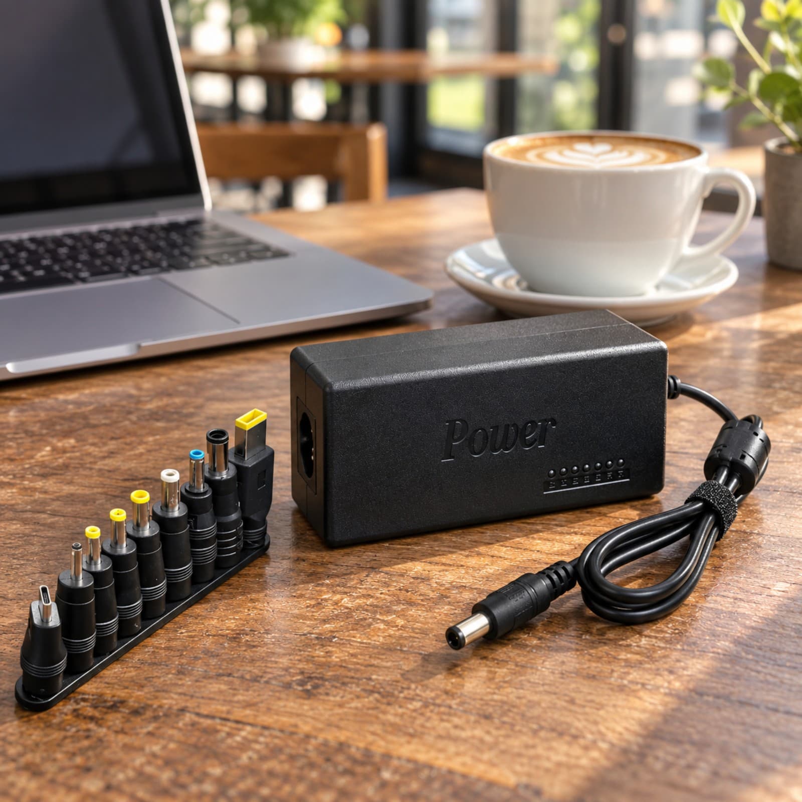 Cargador universal de notebook Mixor NEXO con sus pines intercambiables sobre una mesa (imagen ilustrativa) — miniatura 6