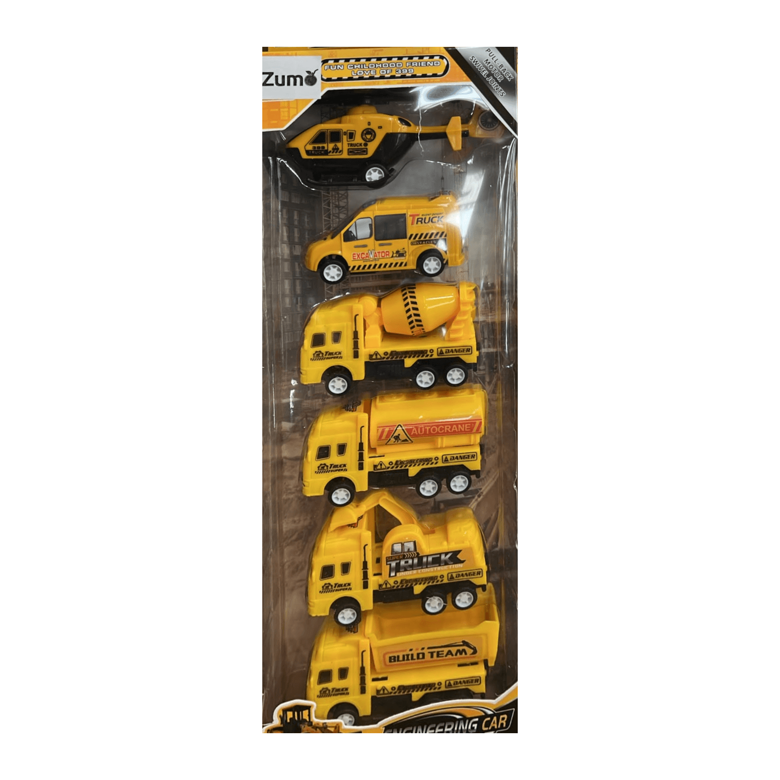 Caja de frente del set Zumo Engineering Car 399-256K con seis vehículos amarillos sobre fondo blanco — miniatura 1