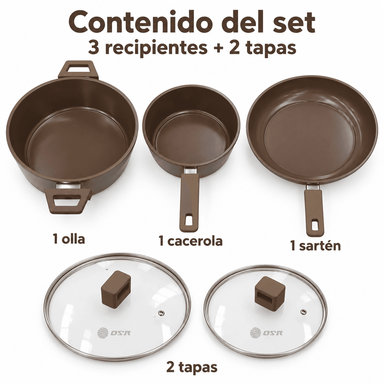 Contenido del set: una olla, una cacerola, una sartén y dos tapas.