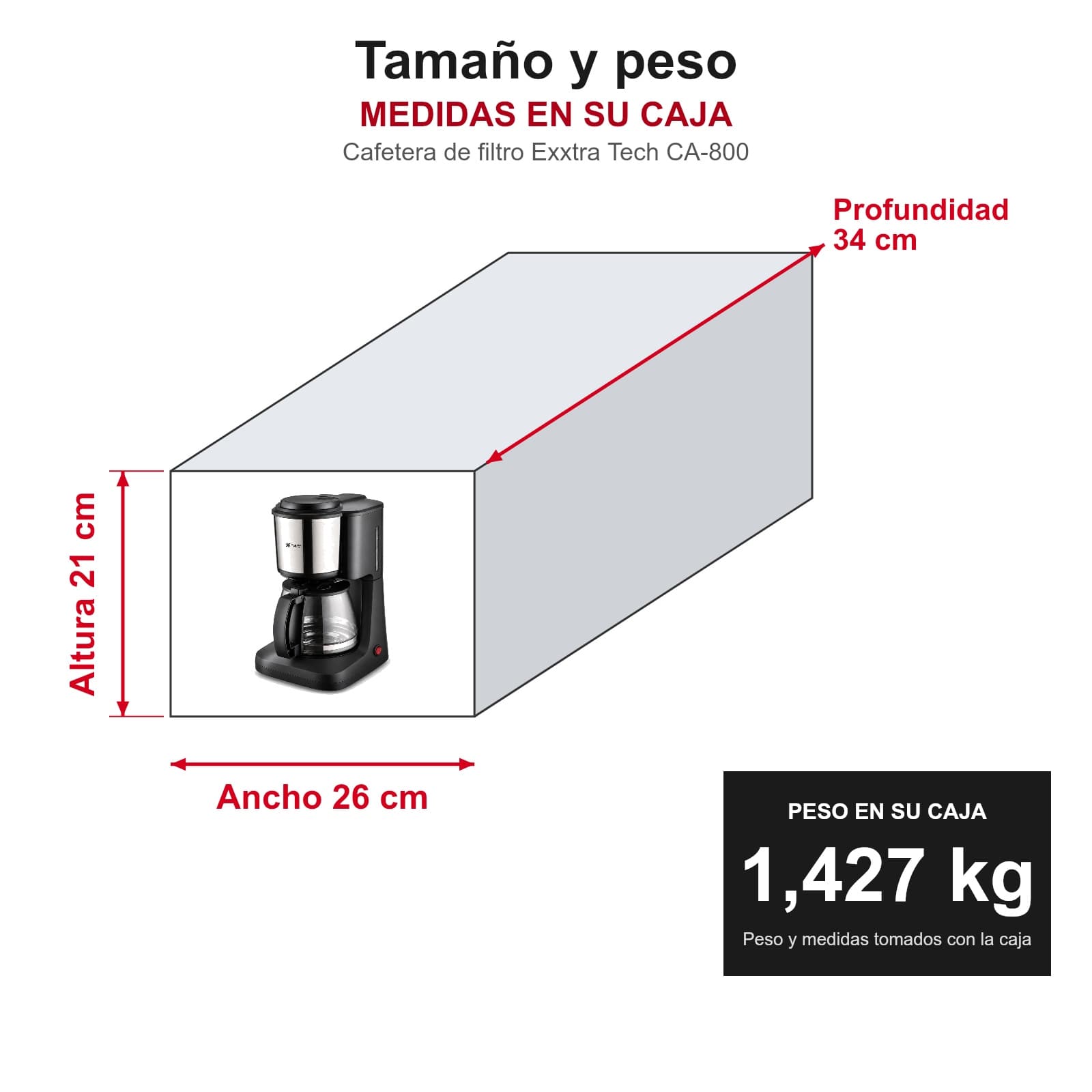 Medidas y peso de la cafetera Exxtra Tech CA-800 en su caja: ancho 26 cm, profundidad 34 cm, altura 21 cm, 1,427 kg — miniatura 4