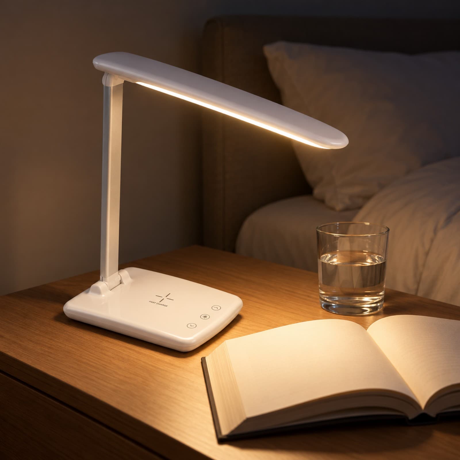 Lámpara LED blanca encendida con luz cálida sobre una mesa de luz, iluminando un libro de noche (imagen ilustrativa), LAMPLEDPLEGABL — miniatura 5
