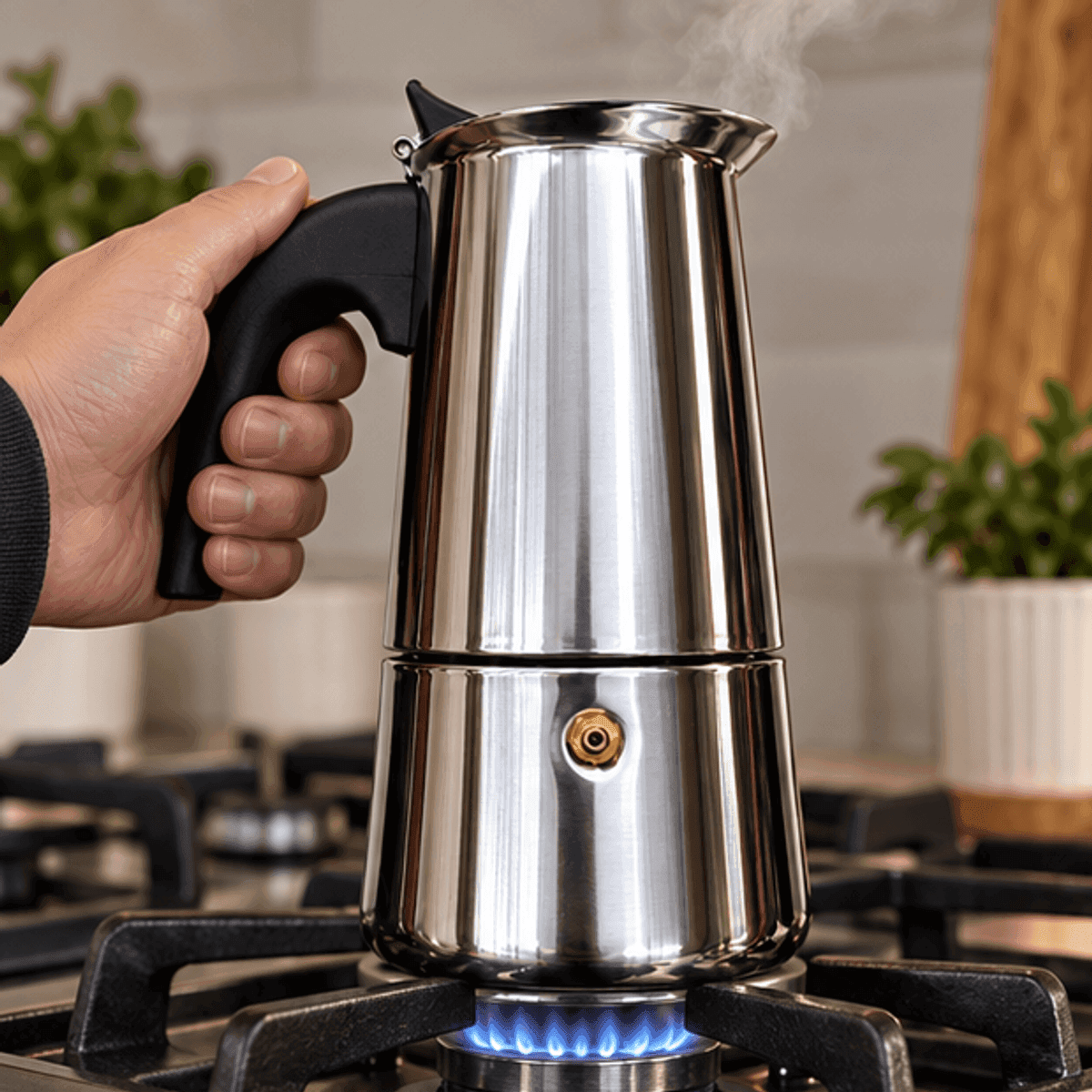 HANDOFF-48|CAFITALIANA|02|ef4993d04f3c|Cafetera Italiana de Acero Inoxidable para 4 Tazas - Única - Producto en contexto de uso