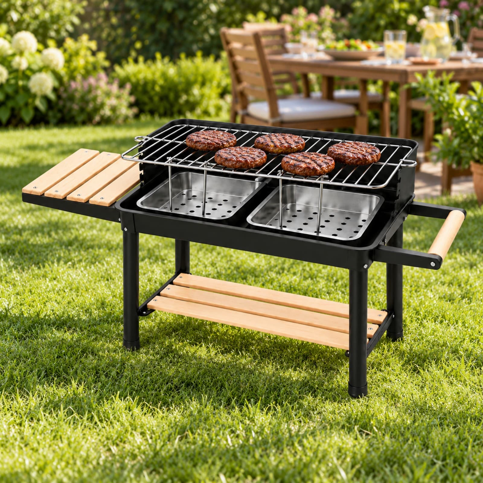 Parrilla a carbón con hamburguesas sobre la rejilla, en un jardín con césped y una mesa de jardín con ensaladas y una jarra al fondo (imagen ilustrativa), PARRPORT — miniatura 4