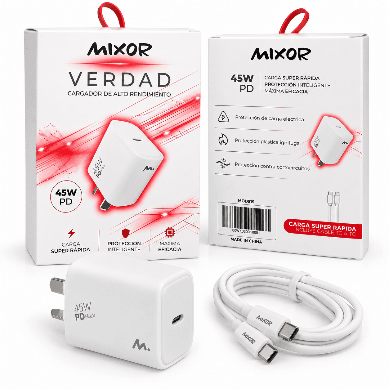 Cargador Mixor Verdad 45 W PD con Cable Tipo C a Tipo C