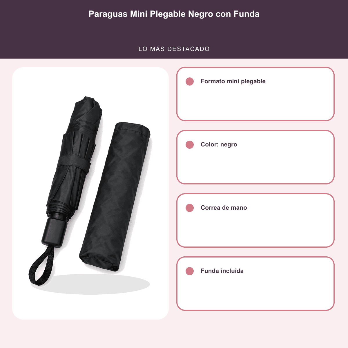 HANDOFF-48|US533|06|138a907ac43d|Paraguas Mini Plegable Negro con Funda - Única - Informacion destacada