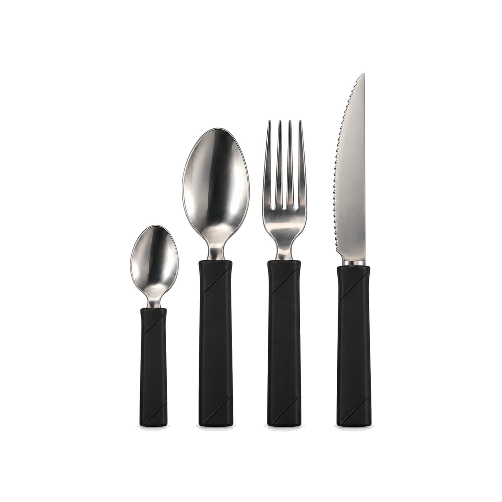 Set de cubiertos New Table con mango negro: una cucharita, una cuchara, un tenedor y un cuchillo de hoja aserrada sobre fondo blanco (imagen ilustrativa) — miniatura 2