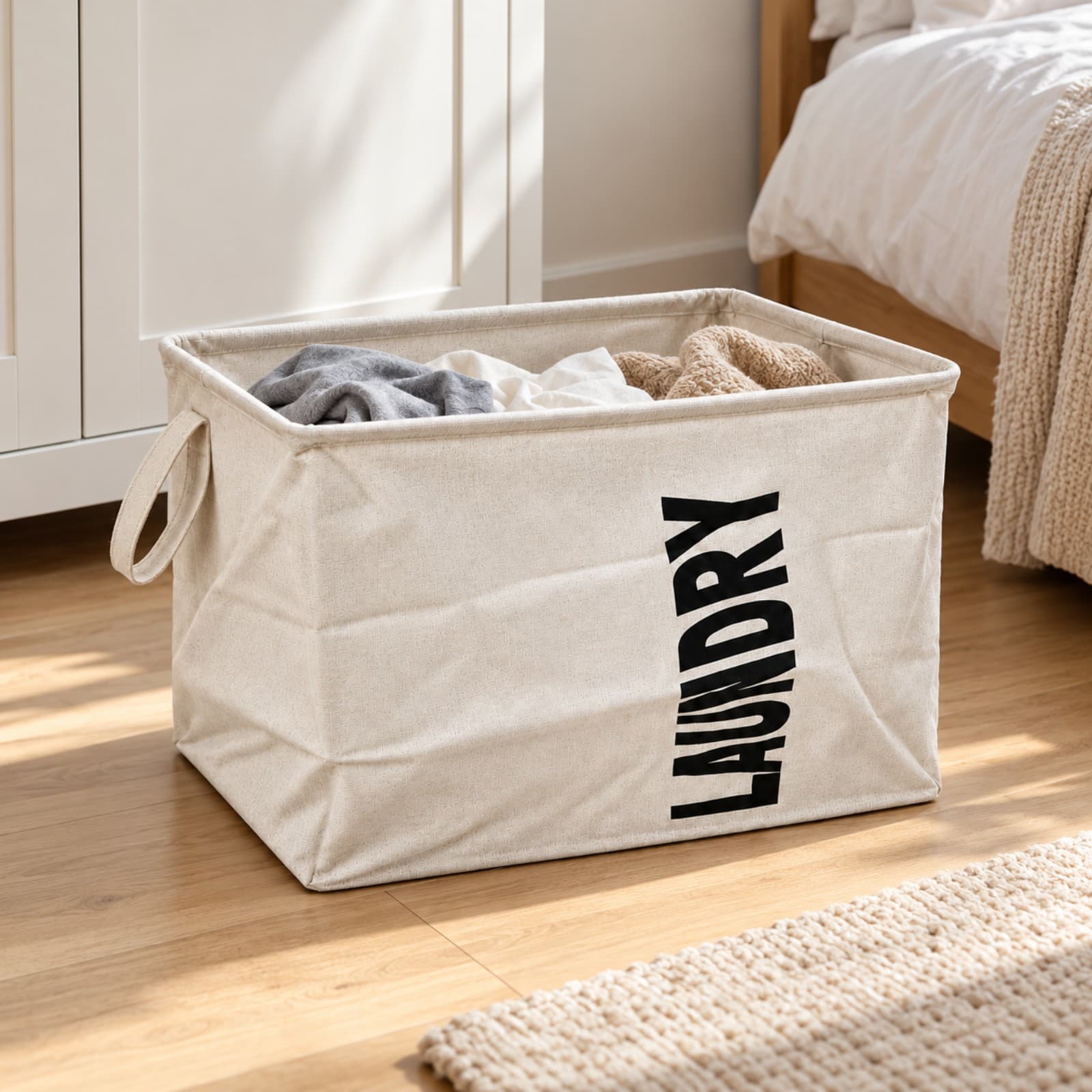 Cesto de ropa plegable LAUNDRY beige en un dormitorio, junto al placard y la cama (imagen ilustrativa), CESTLAUNDECONB — miniatura 3