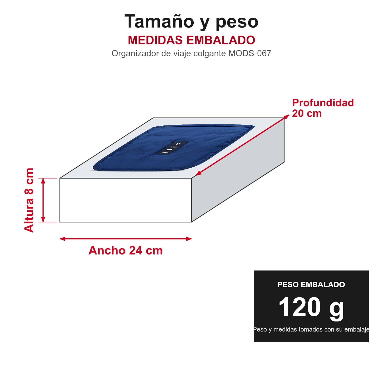 Medidas y peso del organizador de viaje colgante embalado: ancho 24 × profundidad 20 × altura 8 cm, 120 g — miniatura 3