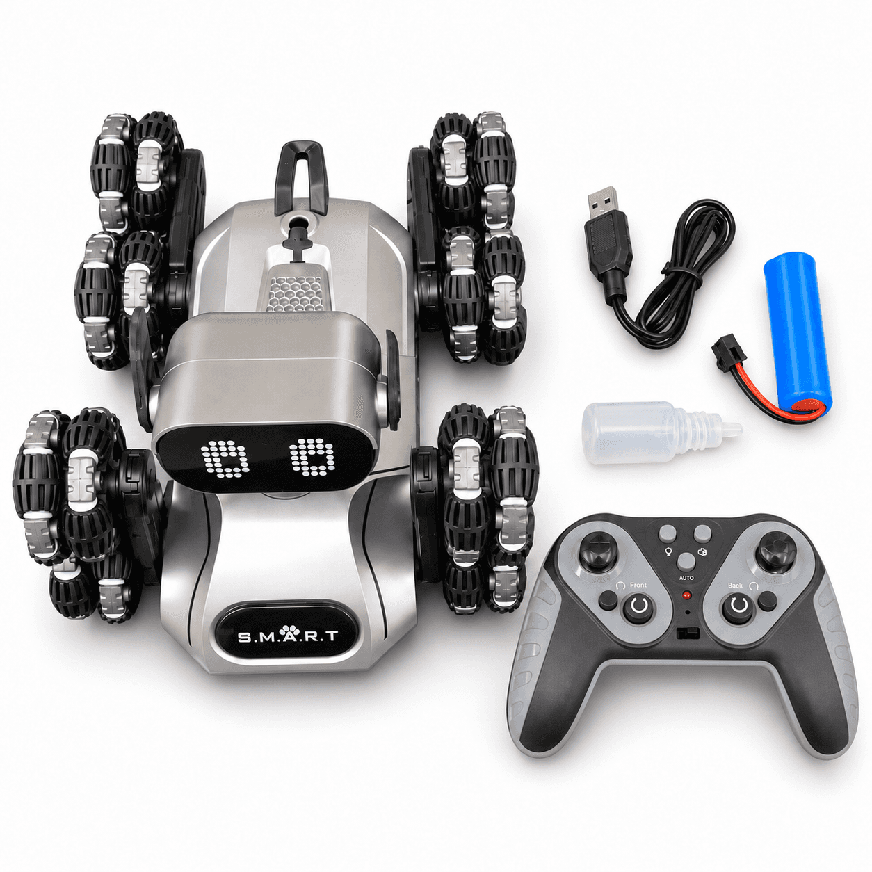 Perro robot con control remoto, batería, cable USB y frasquito incluidos