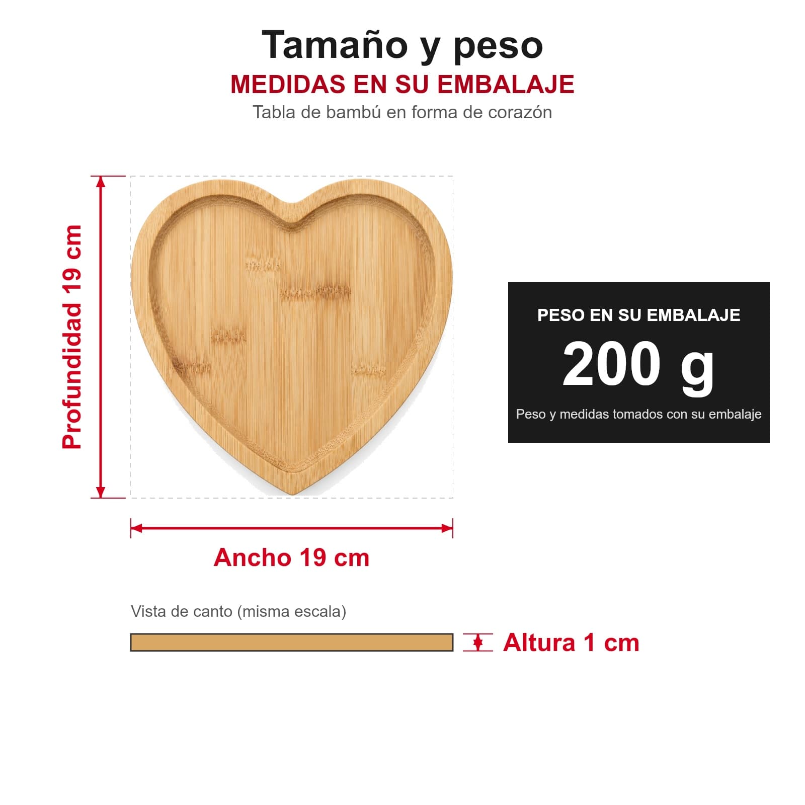 Medidas y peso de la tabla de bambú en forma de corazón en su embalaje: 19 × 19 × 1 cm, 200 g — miniatura 2